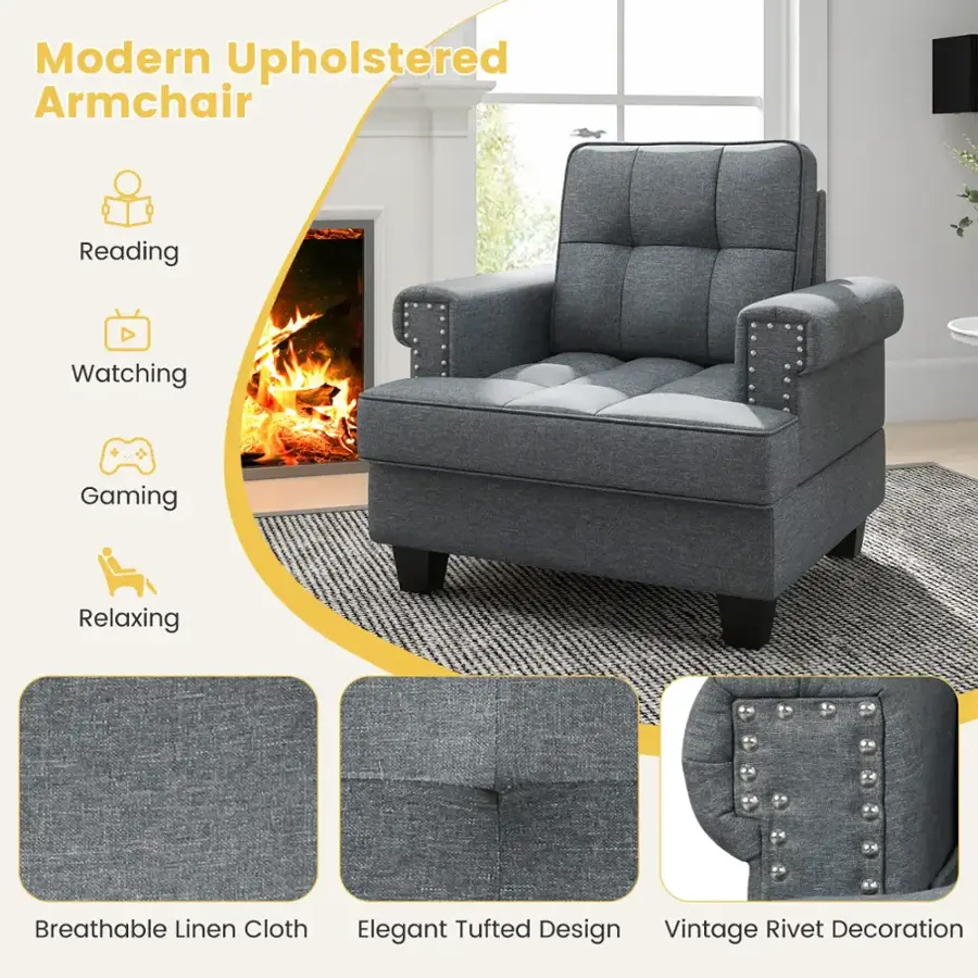 Modern Upholstered Armchair Reading Watching Gaming Relaxing Breathable Linen Cloth Elegant Tufted Design Vintage Rivet Decoration