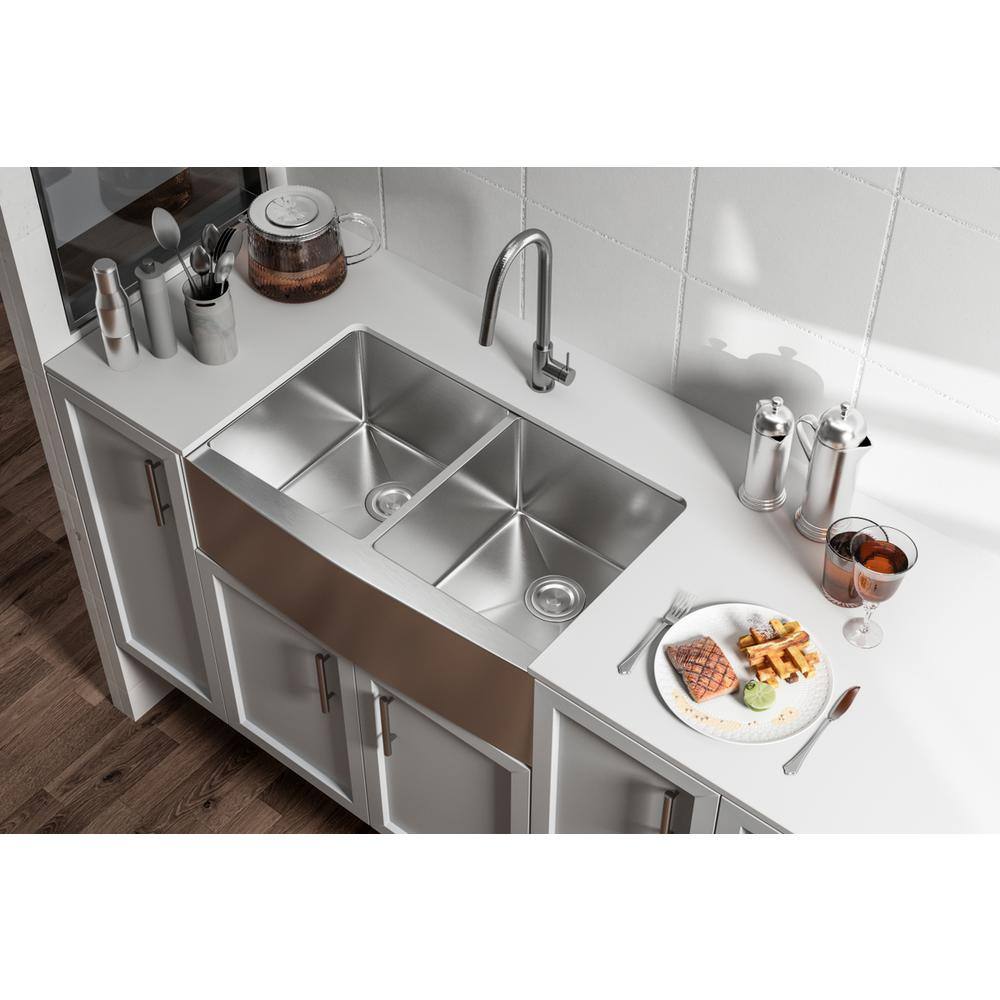 Alt View 5. Elegant Kitchen and Bath - Stainless Steel farmhouse kitchen double sink L33'' x W21'' x H10" - Stainless Steel.