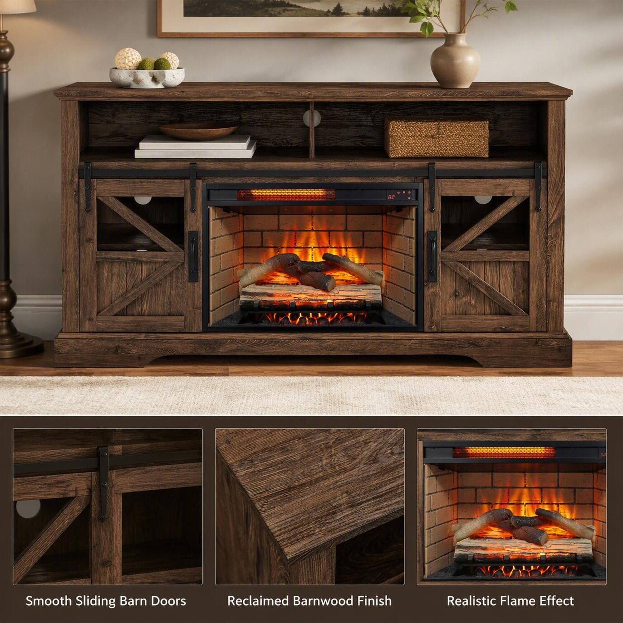 Smooth Sliding Barn Doors  
Reclaimed Barnwood Finish  
Realistic Flame Effect