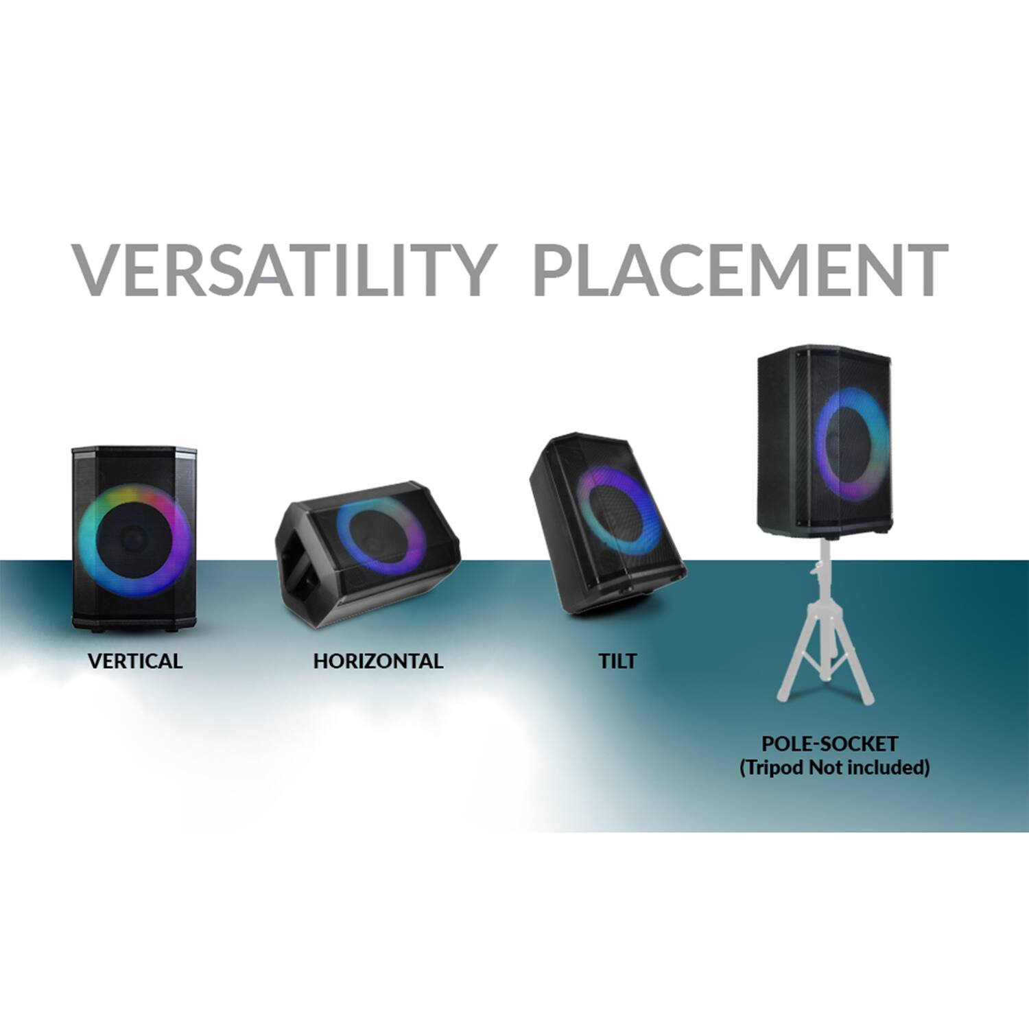 VERSATILITY PLACEMENT

VERTICAL  
HORIZONTAL  
TILT  
POLE-SOCKET  
(Tripod Not included)