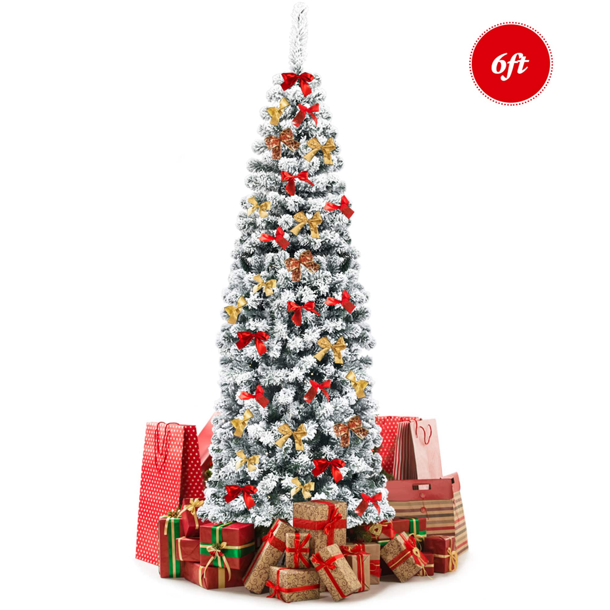 Front. Gymax - Gymax 6ft Snow Flocked Pencil Christmas Tree Artificial Pine Tree w/ Metal Stand - Green + White.