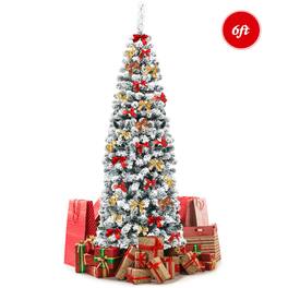 Gymax - 6ft Snow Flocked Pencil Christmas Tree Artificial Pine Tree w/ Metal Stand - Green + White