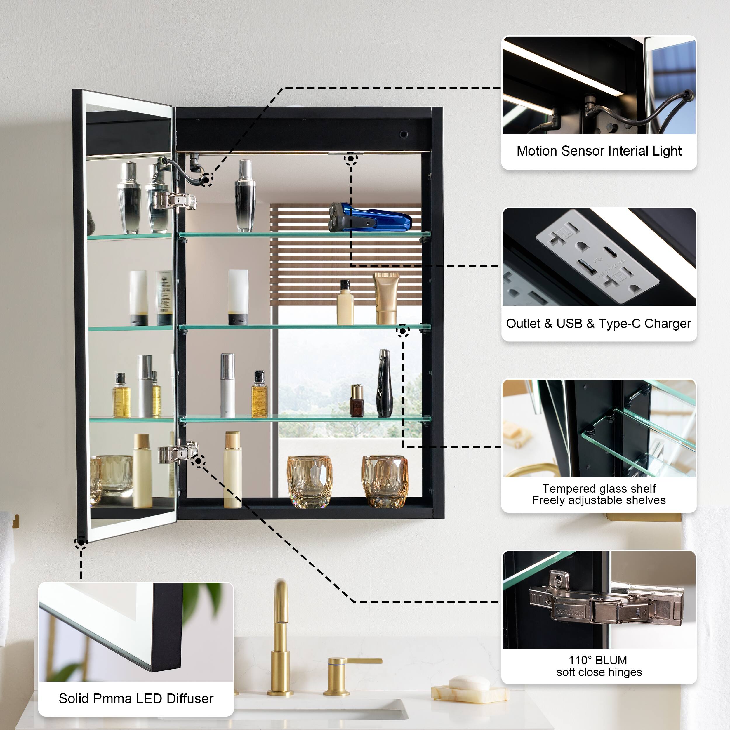 Motion Sensor Inertial Light  
Outlet & USB & Type-C Charger  
Tempered glass shelf  
Freely adjustable shelves  
110° BLUM soft close hinges  
Solid PMMA LED Diffuser