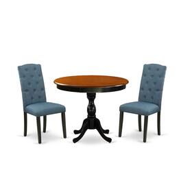 East West Furniture - 3-Pc Dining Room Set Consists of a Dinette Table and 2 Blue Linen Fabric Mid Century Dining Chairs - Multi-Color
