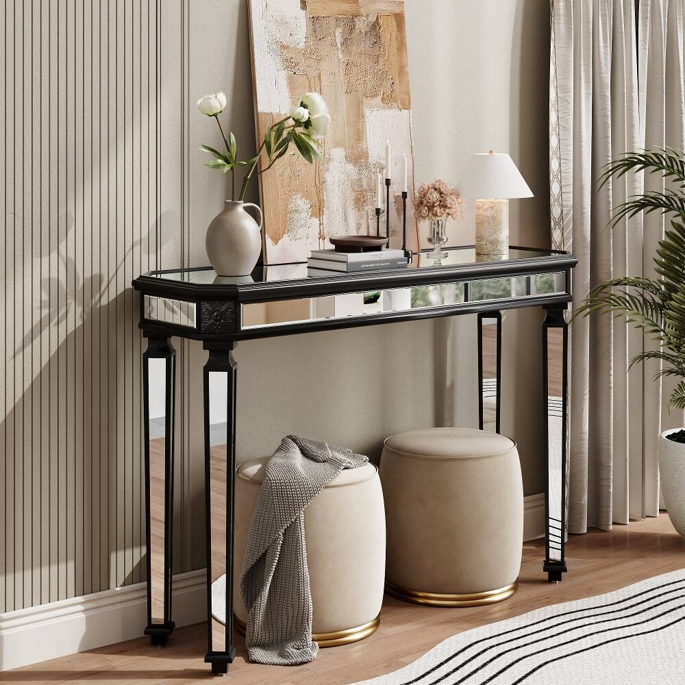 Angle. Loheer - Loheer black mirrored console table with vintage wood carving 48 inch - Black.