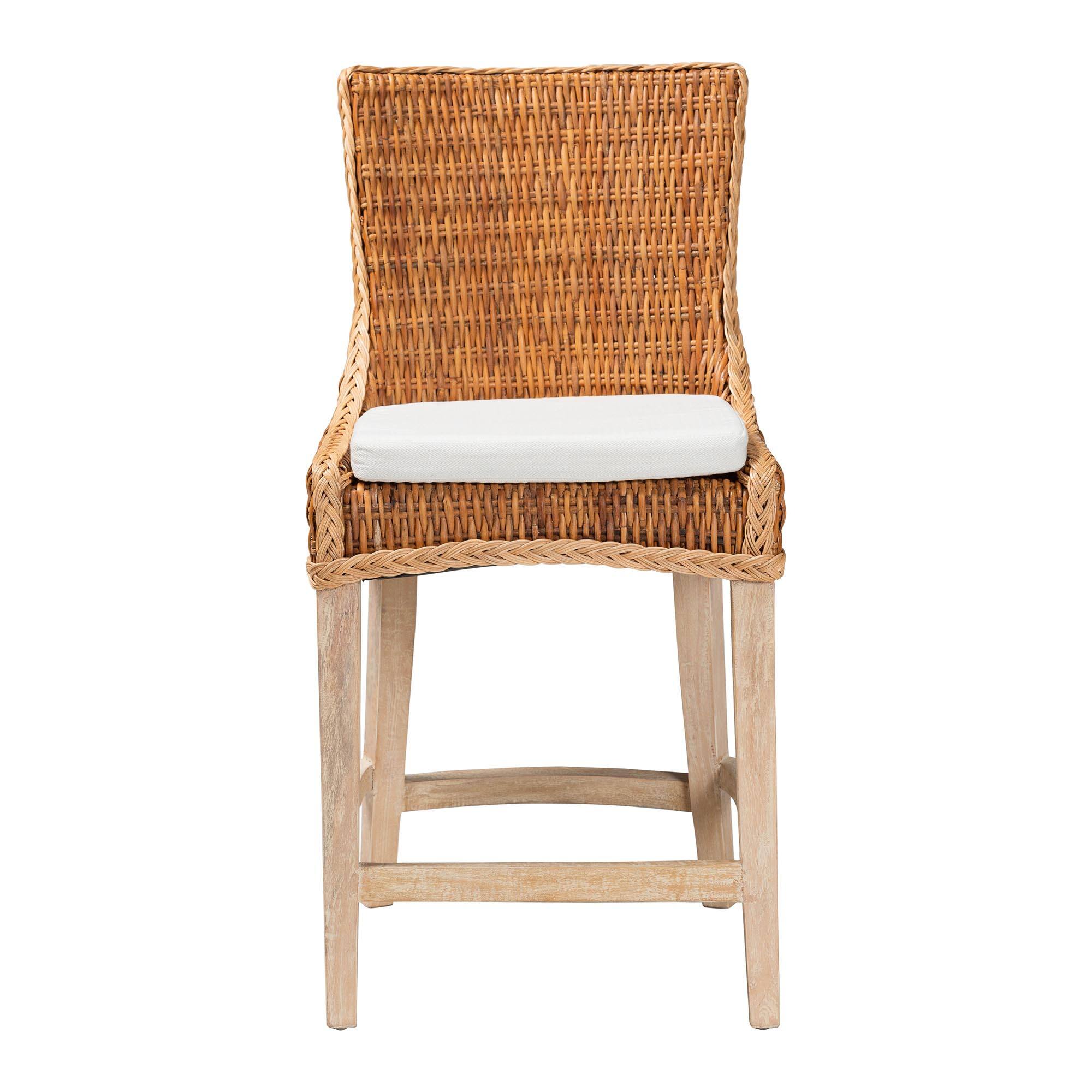 Angle. bali & pari - Derris Natural Rattan Counter Stool with Cushion - Tall Wingback Stool with Solid Mango Wood Legs and Footrest - Light Honey.