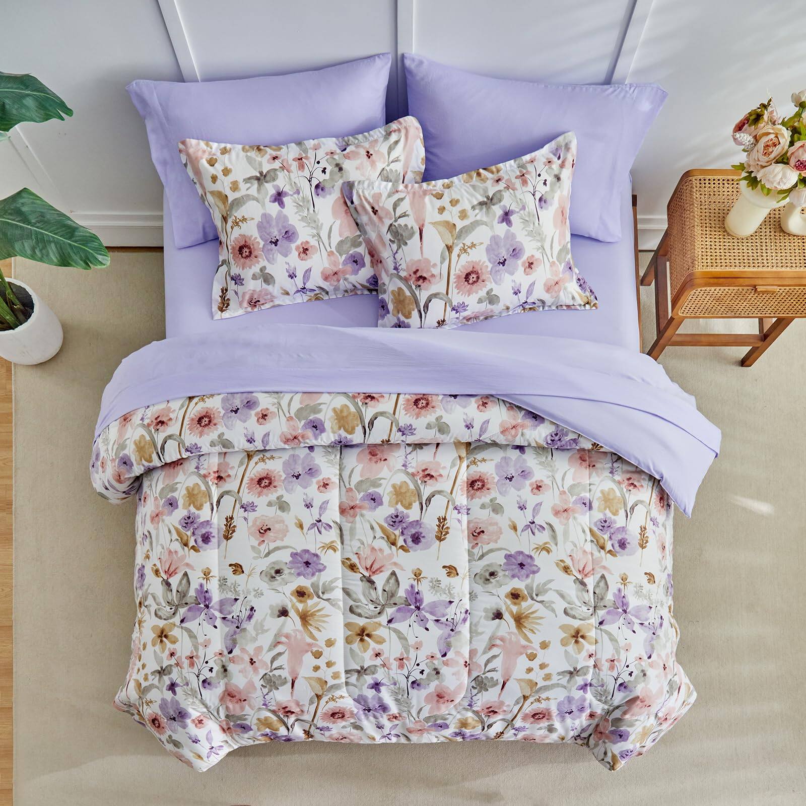 Alt View 2. PO3TICJUNKI3 - Floral Comforter Set 7 Pieces With Flowers Bed In A Bag Reversible Bedding 1 2 Pillow Shams 1 Flat Sheet - Light Pink Flower-Queen 7 Pieces.