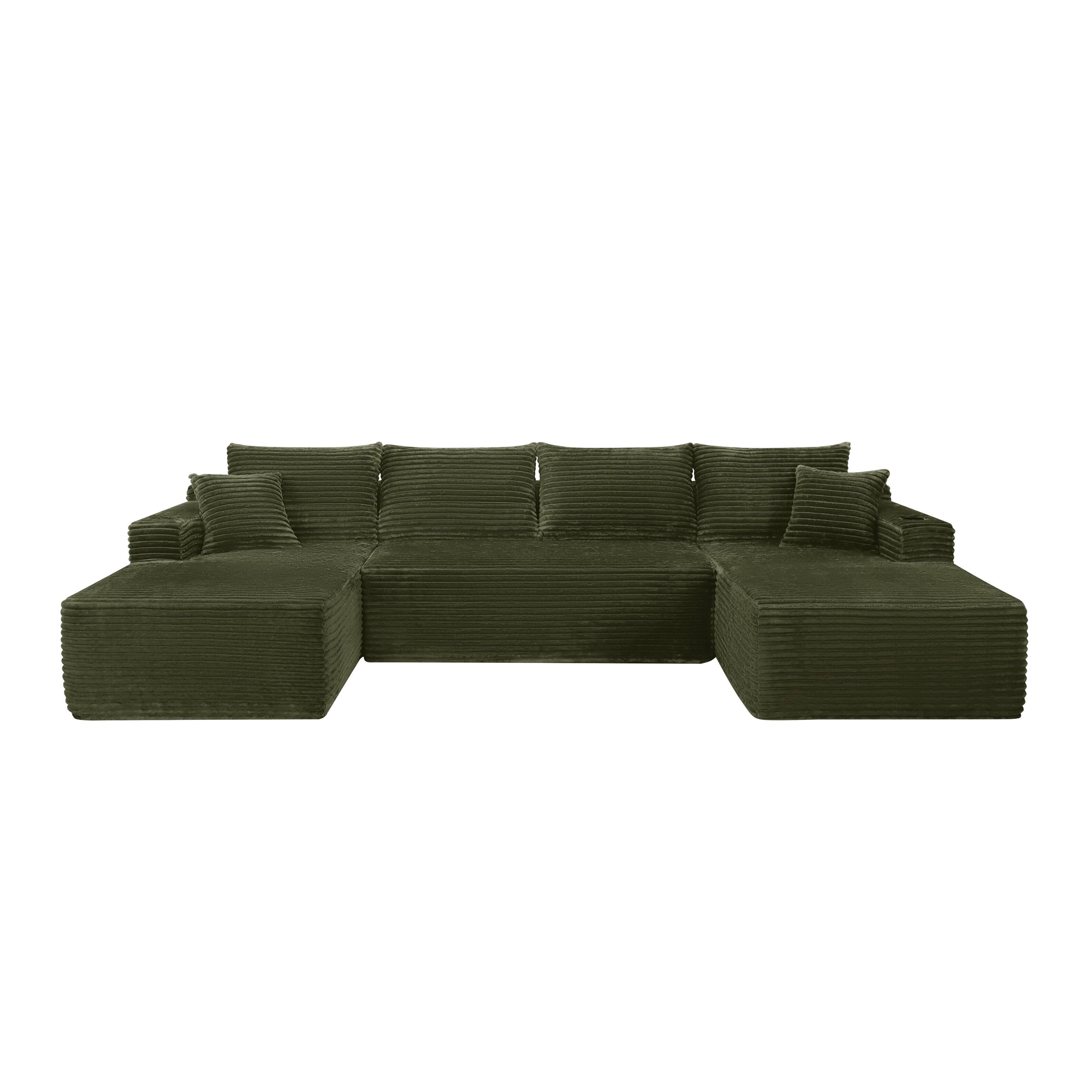 Alt View 2. Anysun - 134" Cloud Sectional Sofa, U-Shape Chaise, Side Pockets & Cup Holder, Modern Modular, Deep Seating, No Assembly - Green.