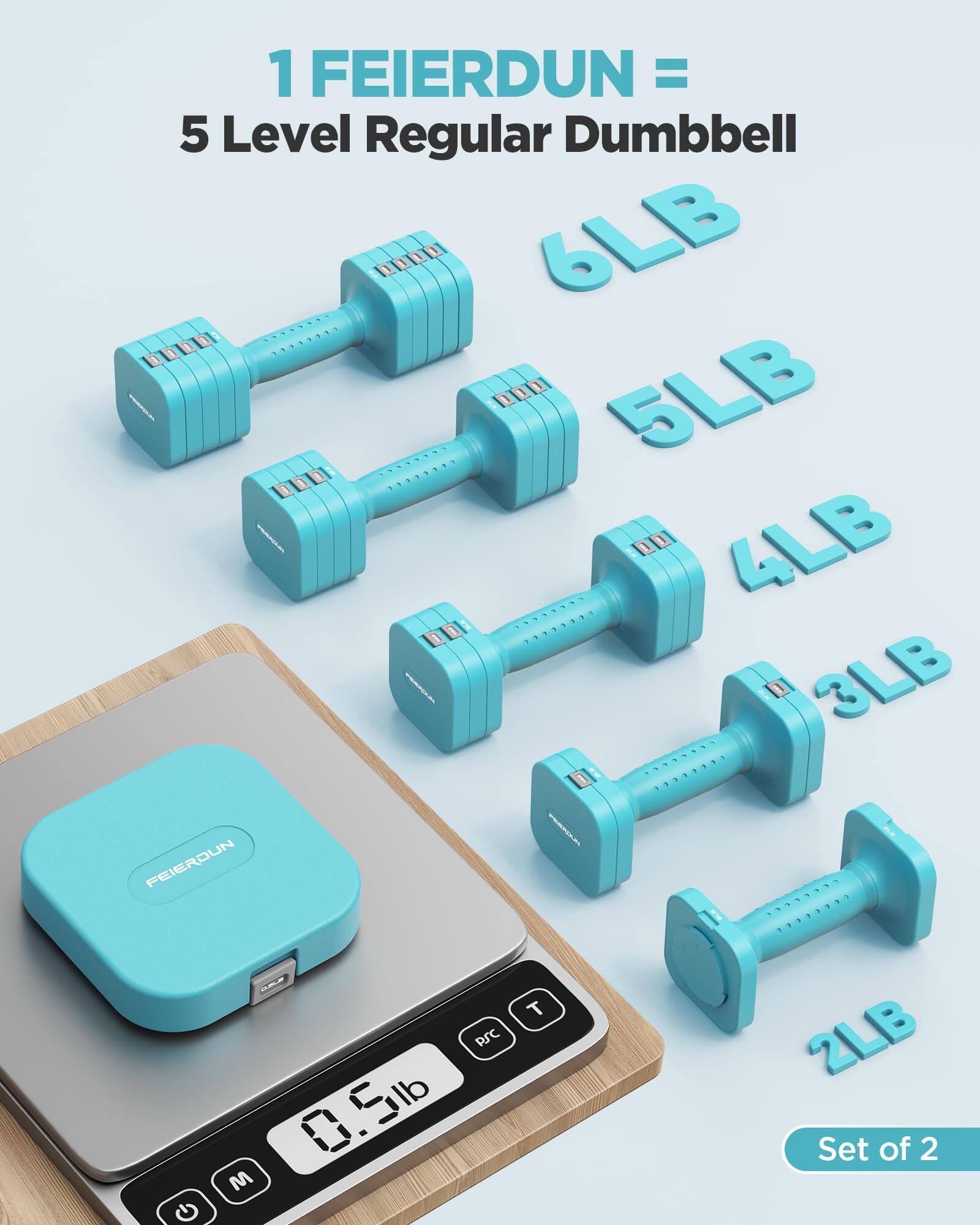1 FEIERDUN = 5 Level Regular Dumbbell  
6LB  
5LB  
4LB  
3LB  
2LB  
0.5lb  
Set of 2