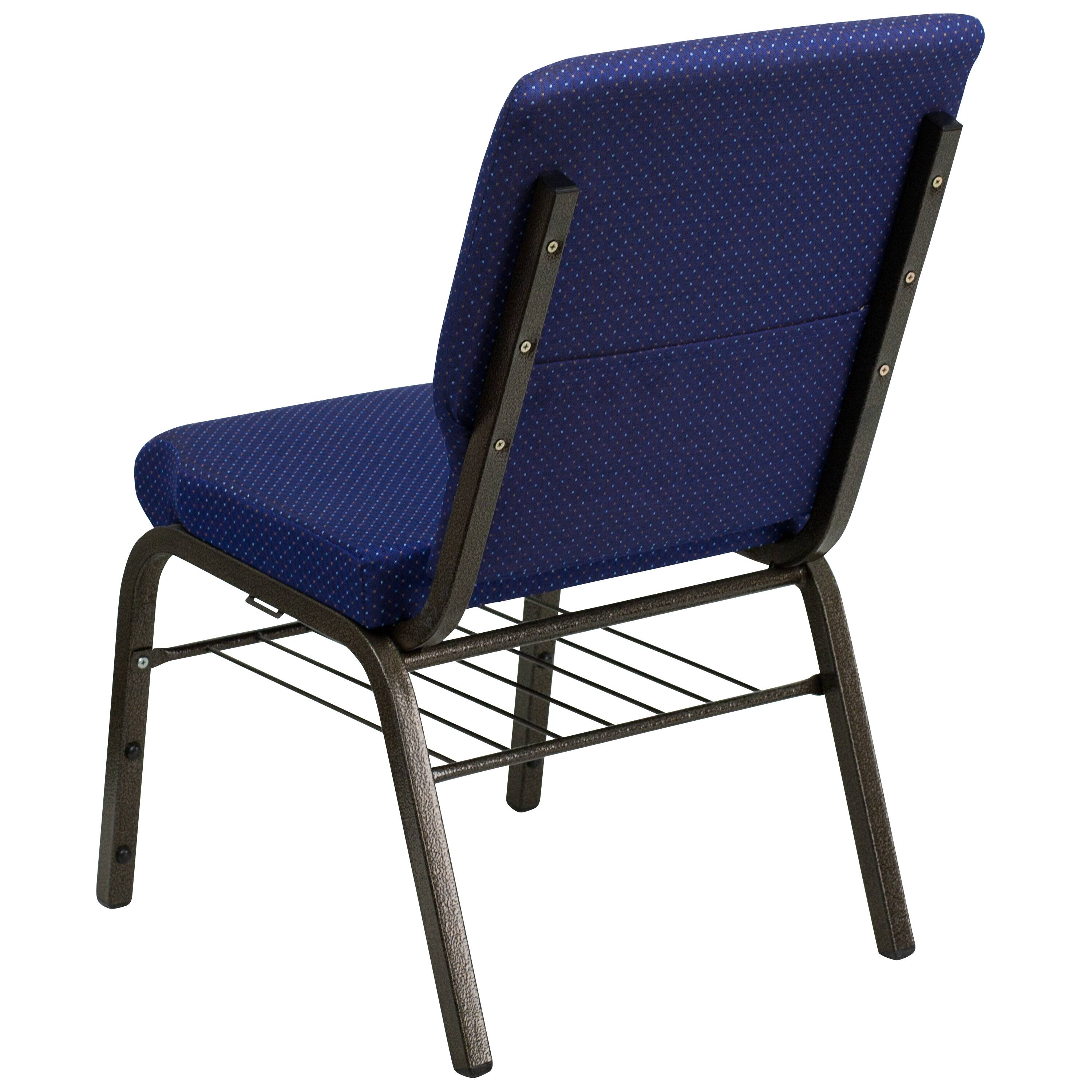 Alt View 5. Emma + Oliver - Auditorium Chair - 19" Seat - Book Rack - Navy Blue Patterned Fabric/Gold Vein Frame.