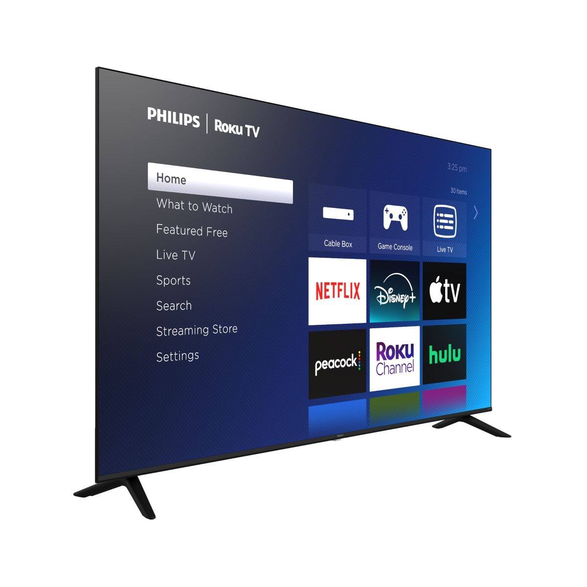 PHILIPS | Roku TV

Home  
What to Watch  
Featured Free  
Live TV  
Sports  
Search  
Streaming Store  
Settings  

Cable Box  
Game Console  
Live TV  

NETFLIX  
Disney+  
Apple TV  
peacock  
Roku Channel  
hulu  

3:25 pm  
30 items