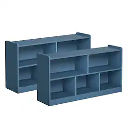 TinyHomie - Set of 2 Wooden Kids Bookshelf with 5 Sections and Toy Organizer for Nursery, Playroom and Classroom - Blue