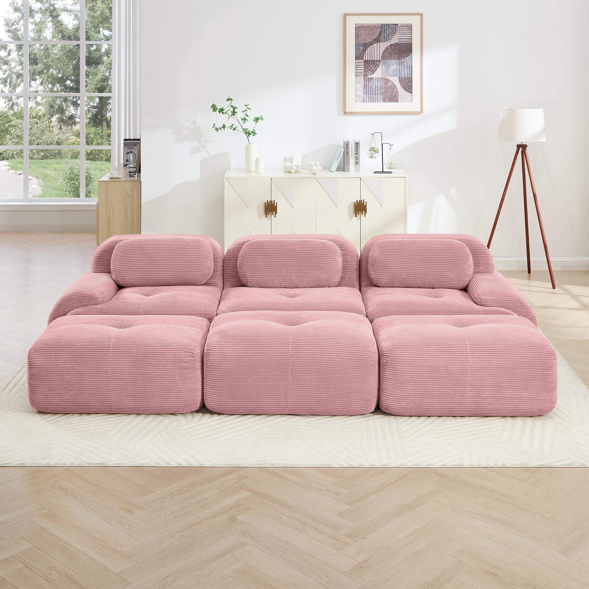 Angle. Roomtec - Threeseat modular sofa with 3 Ottomans corduroy fabric no assembly petfriendly ultrawide curved armrests 32D - Pink.