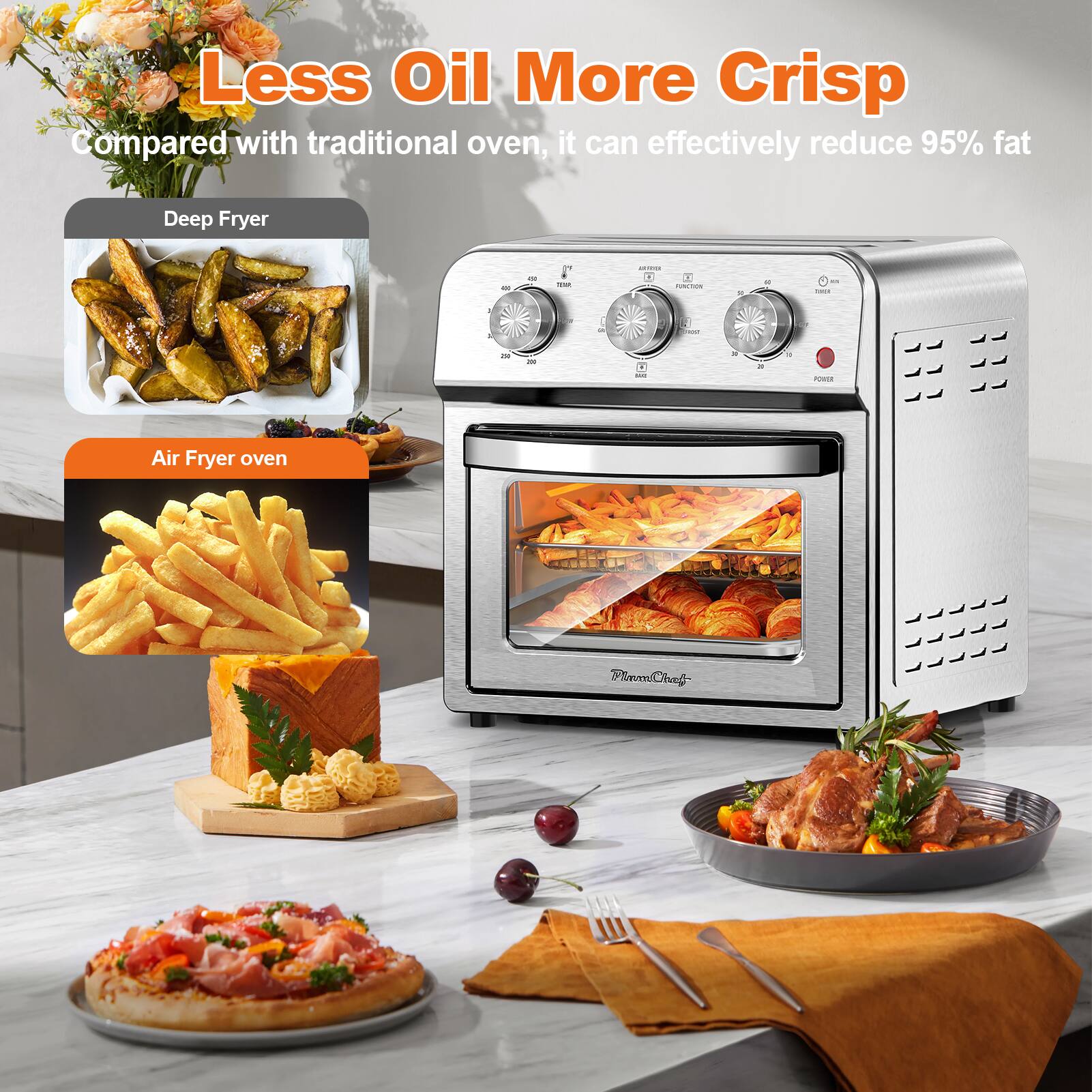 Less Oil More Crisp

Compared with traditional oven, it can effectively reduce 95% fat

Deep Fryer

Air Fryer oven