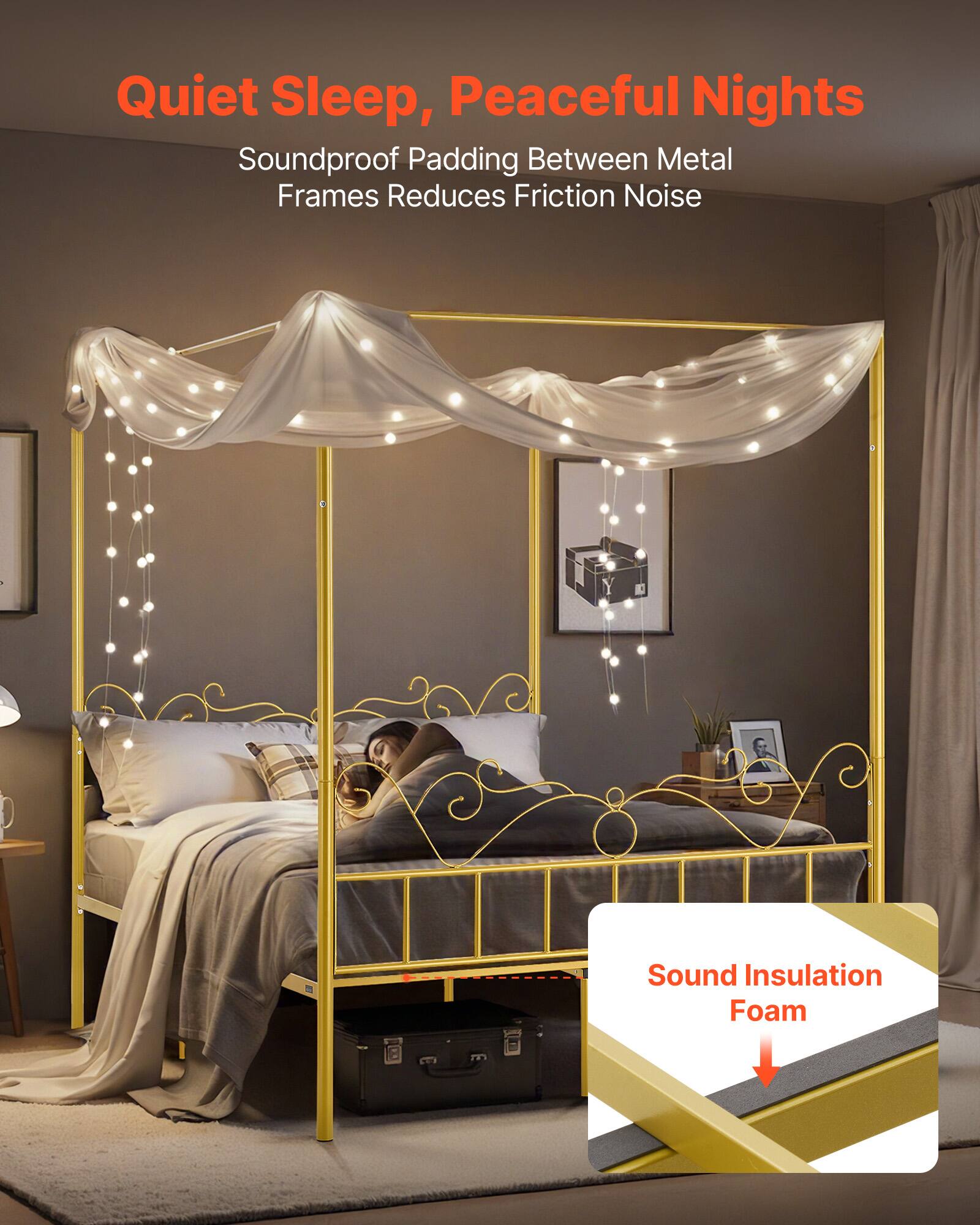 Quiet Sleep, Peaceful Nights  
Soundproof Padding Between Metal Frames Reduces Friction Noise  
Sound Insulation Foam