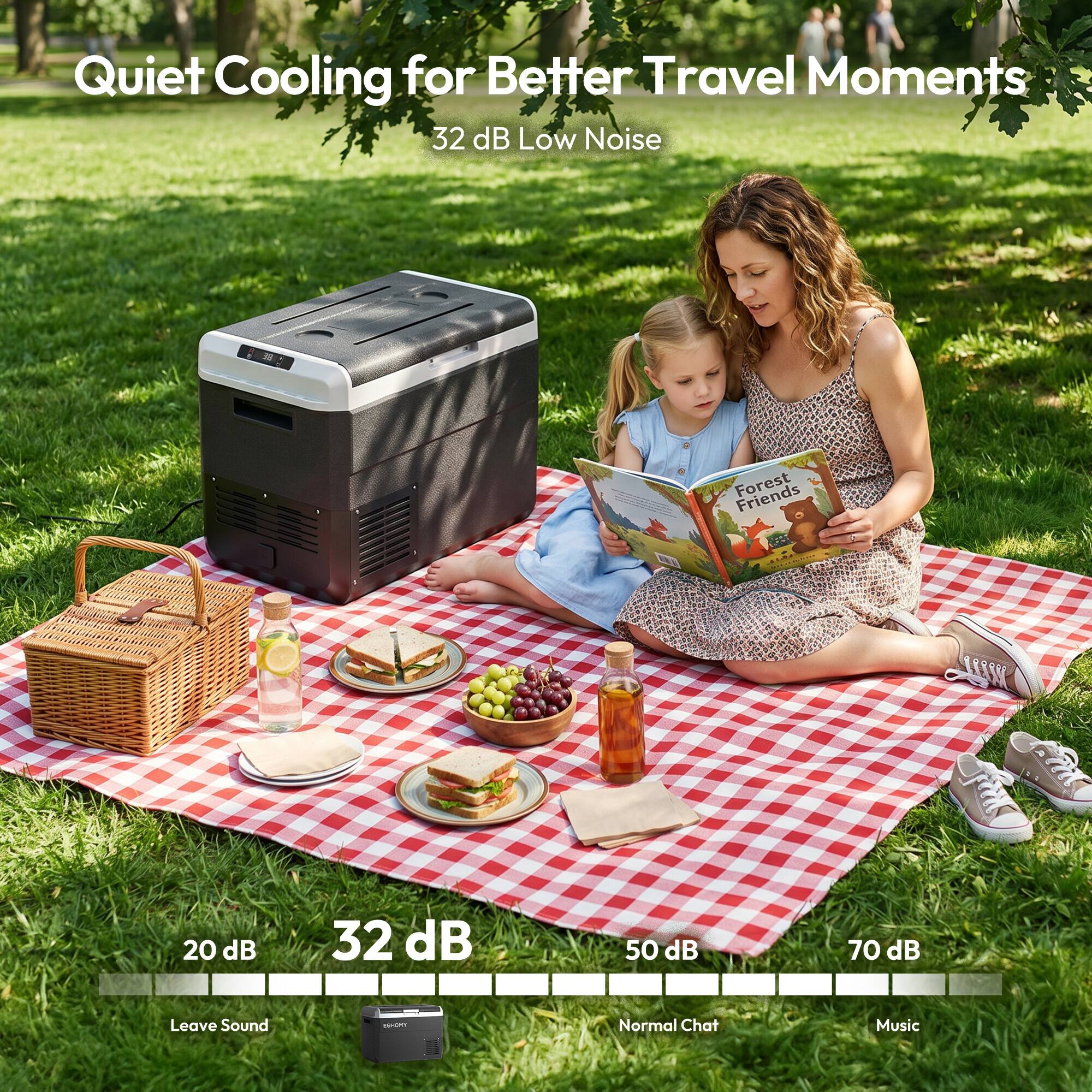 Quiet Cooling for Better Travel Moments  
32 dB Low Noise  

20 dB Leave Sound  
32 dB  
50 dB Normal Chat  
70 dB Music