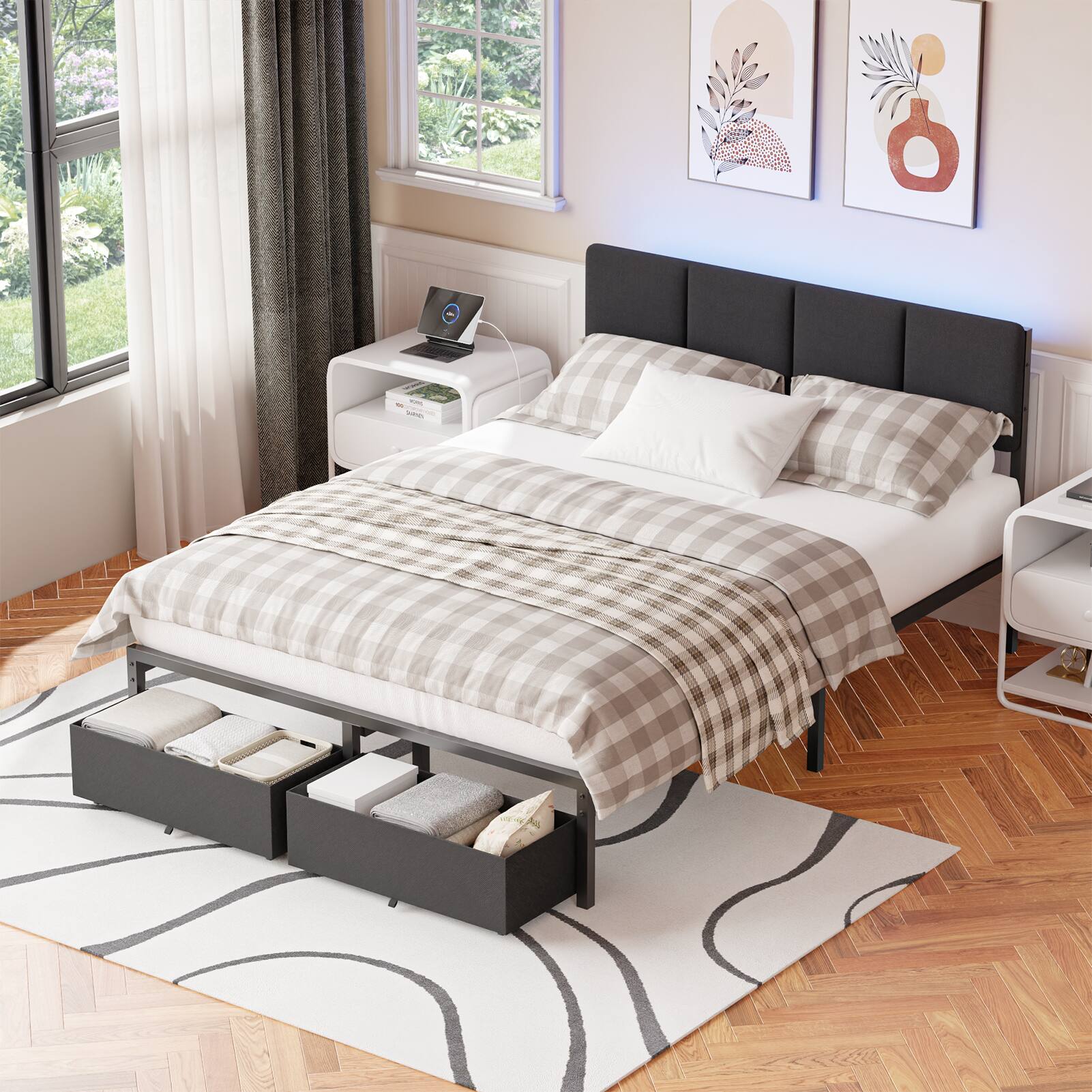 Furnulem - Upholstered Bed Frame with 2 Storage Drawers Modern Platform Bed with Charging Station & LED Light - Black