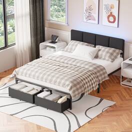 Furnulem - Upholstered Bed Frame with 2 Storage Drawers Modern Platform Bed with Charging Station & LED Light - Black