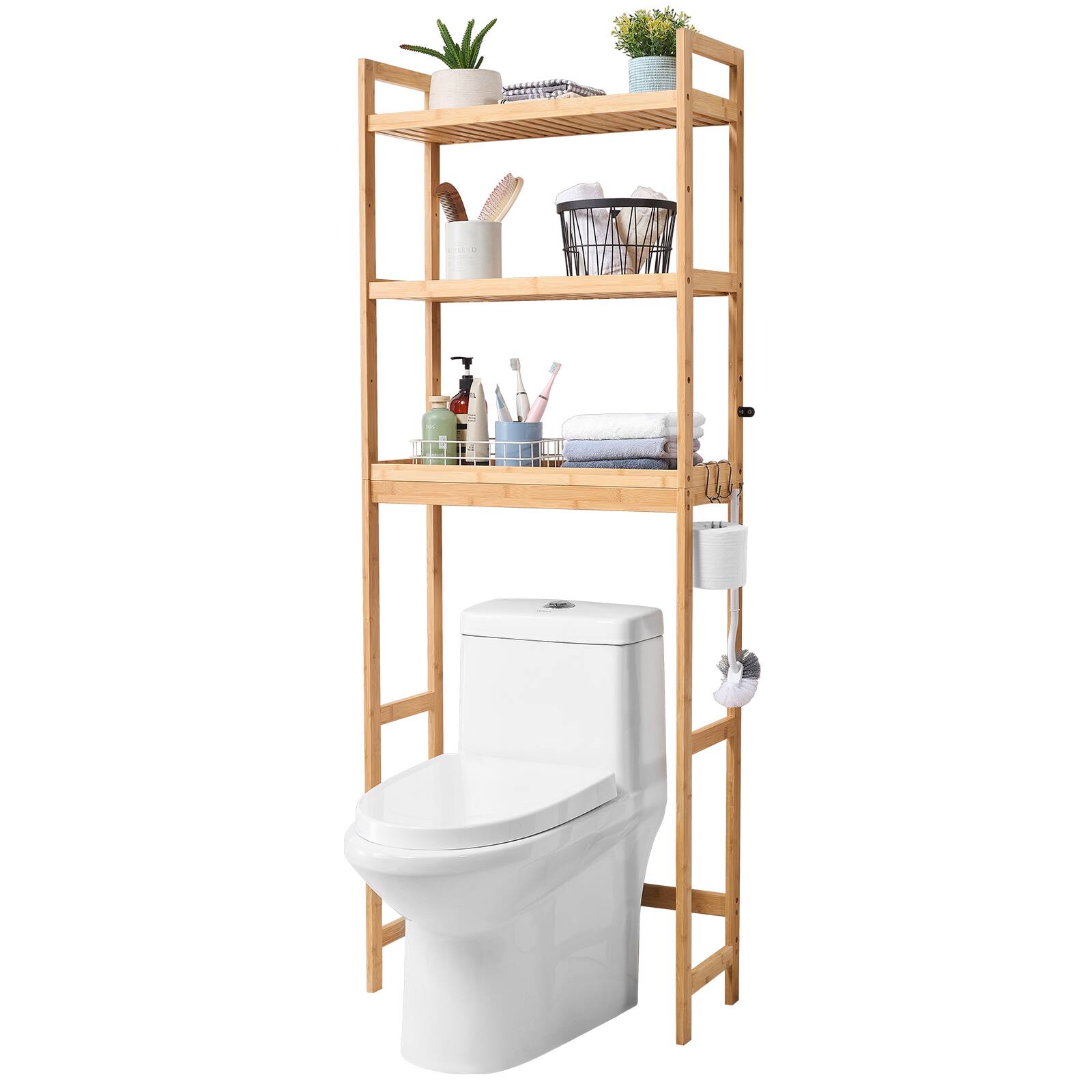 Alt View 5. VEVOR - Over the Toilet Storage, 3-Tier Adjustable Over Toilet Bathroom Organizer, Bamboo Storage Shelf Rack with 3 Hooks - Bamboo.