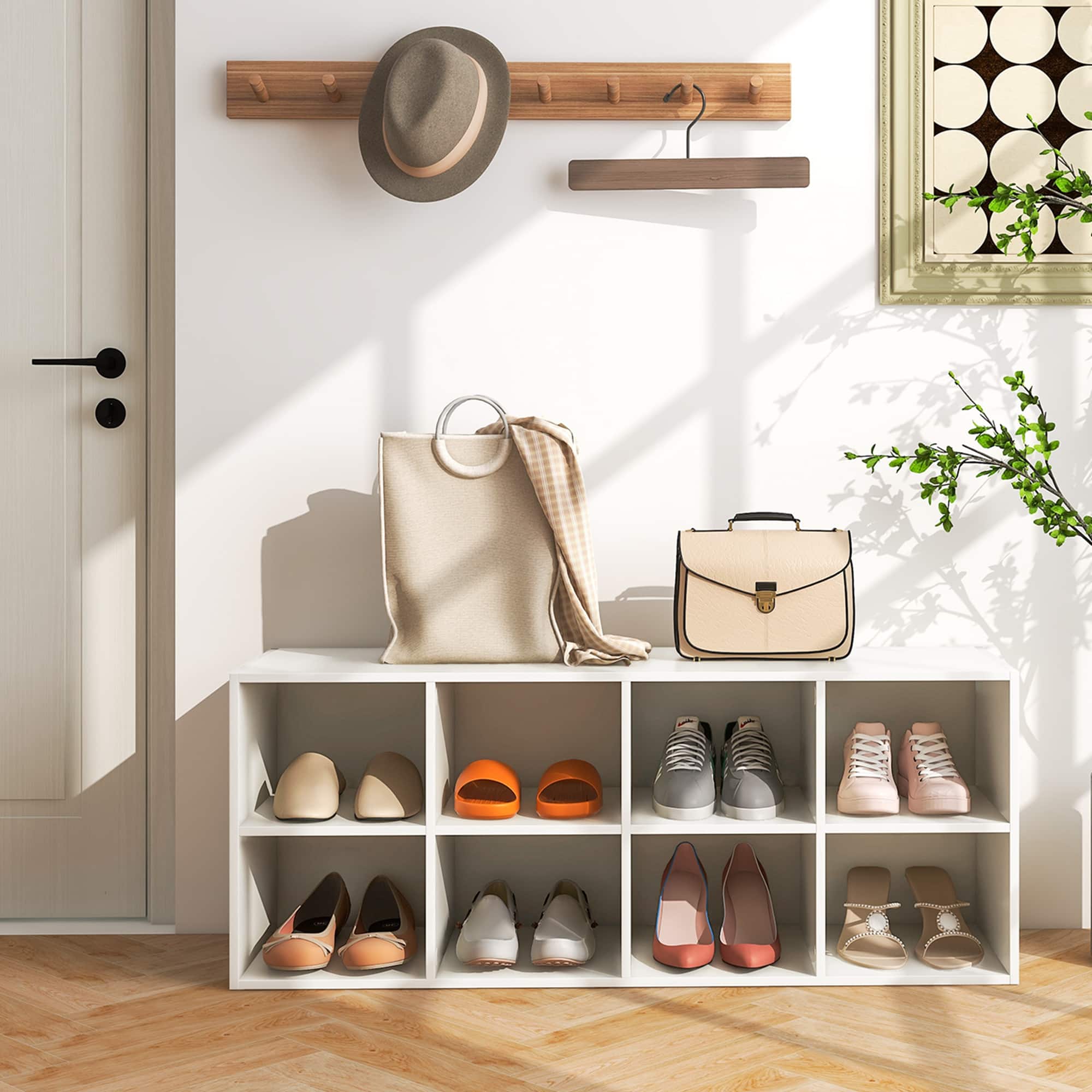 Alt View 11. Costway - 8 Cubbies Shoe Bench with 500 LBS Weight Capacity Cubby Shoe Rack Storage Cabinet White - White.