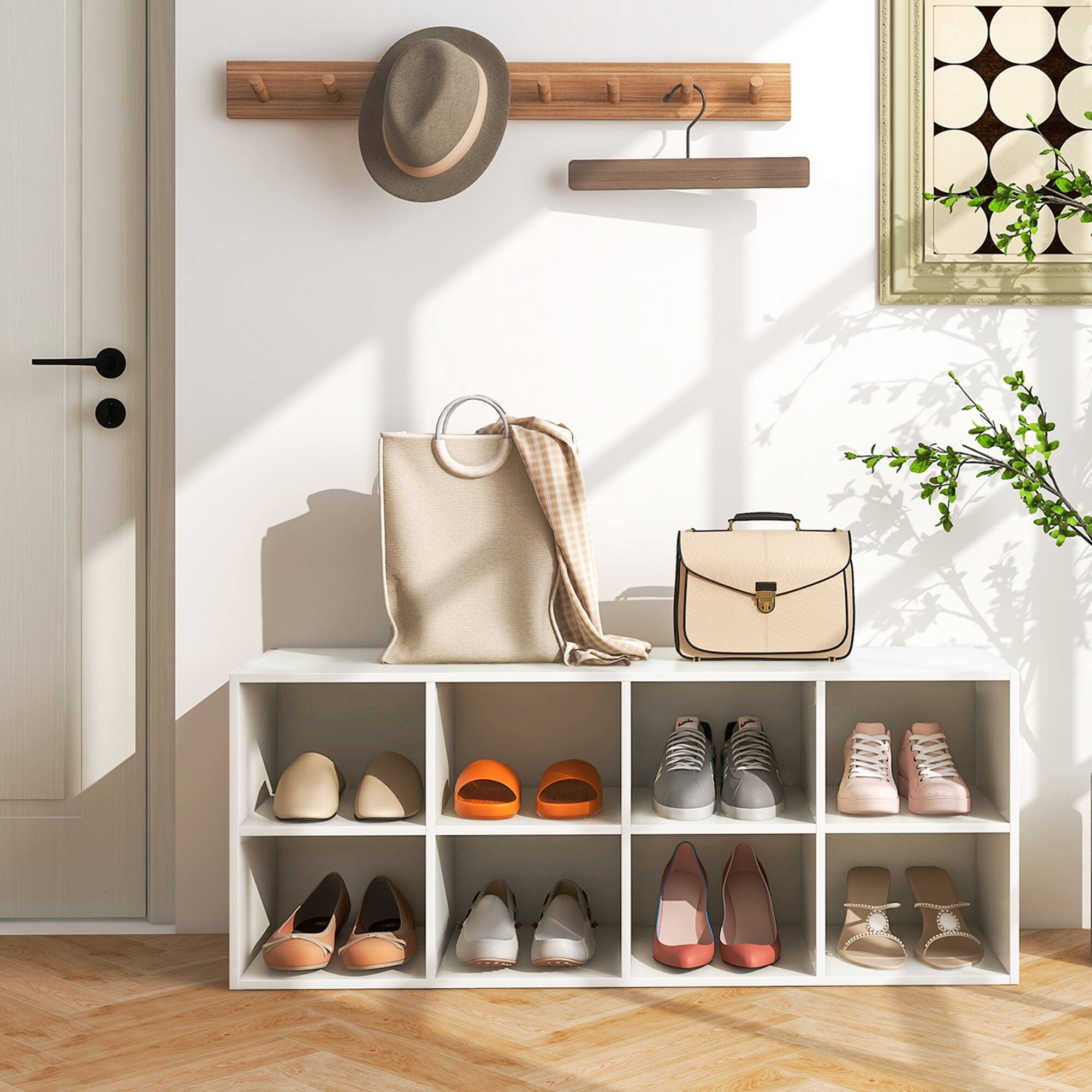 Alt View 11. Costway - 8 Cubbies Shoe Bench with 500 LBS Weight Capacity Cubby Shoe Rack Storage Cabinet White - White.