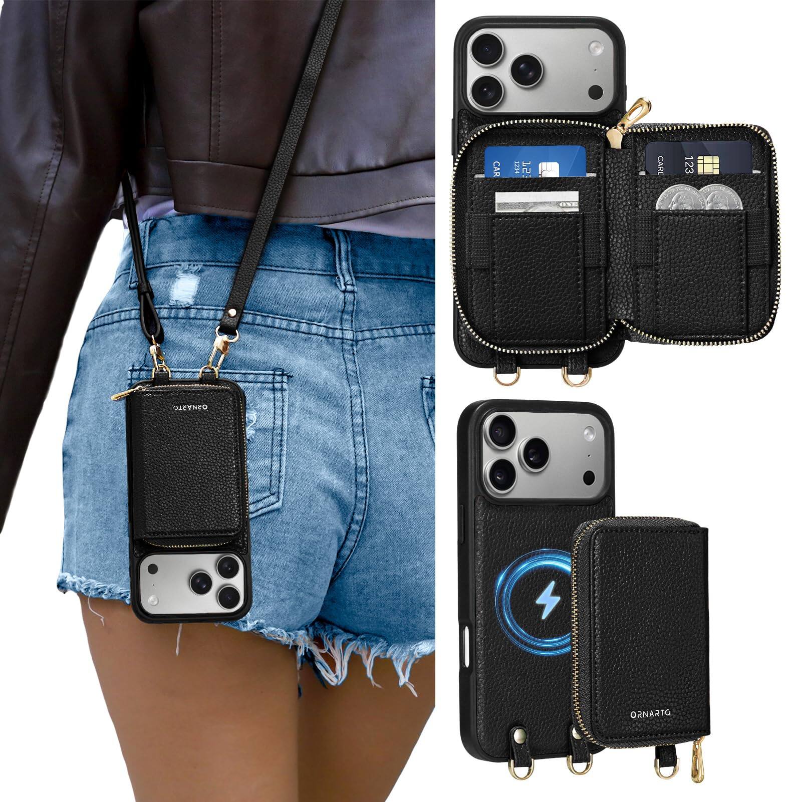 Ornarto - for Detachable Wallet Case for iPhone 17 Pro with MagSafe, Case with Card Holder Wrist Strap - Black