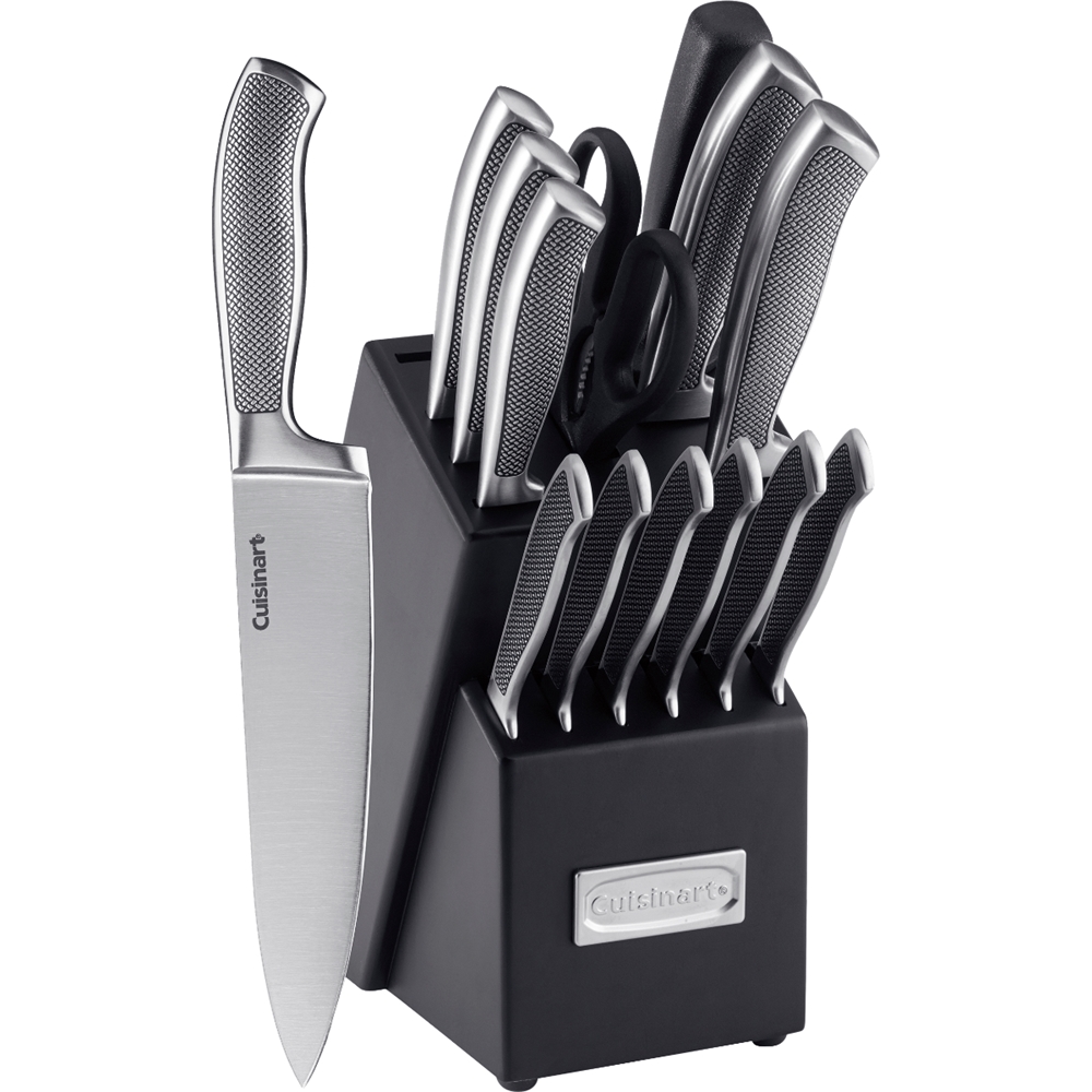 Left View: Cuisinart Classic Forged Triple Rivet 15-Piece Cutlery Set with Block, White and Stainless, C77WTR-15P