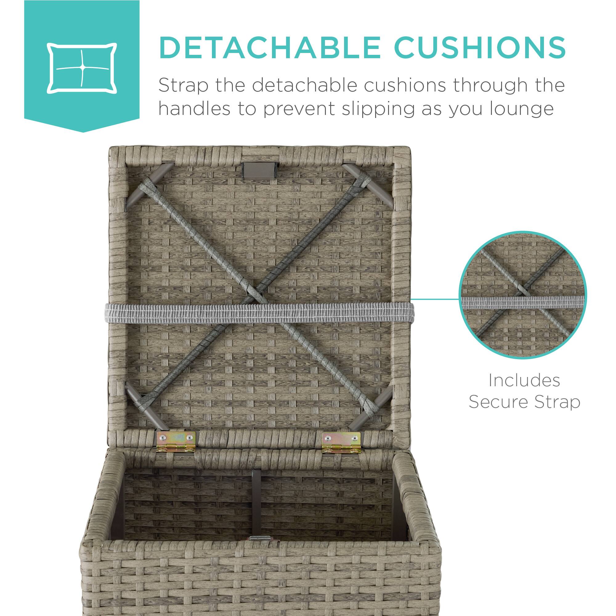 DETACHABLE CUSHIONS  
Strap the detachable cushions through the handles to prevent slipping as you lounge  

Includes Secure Strap