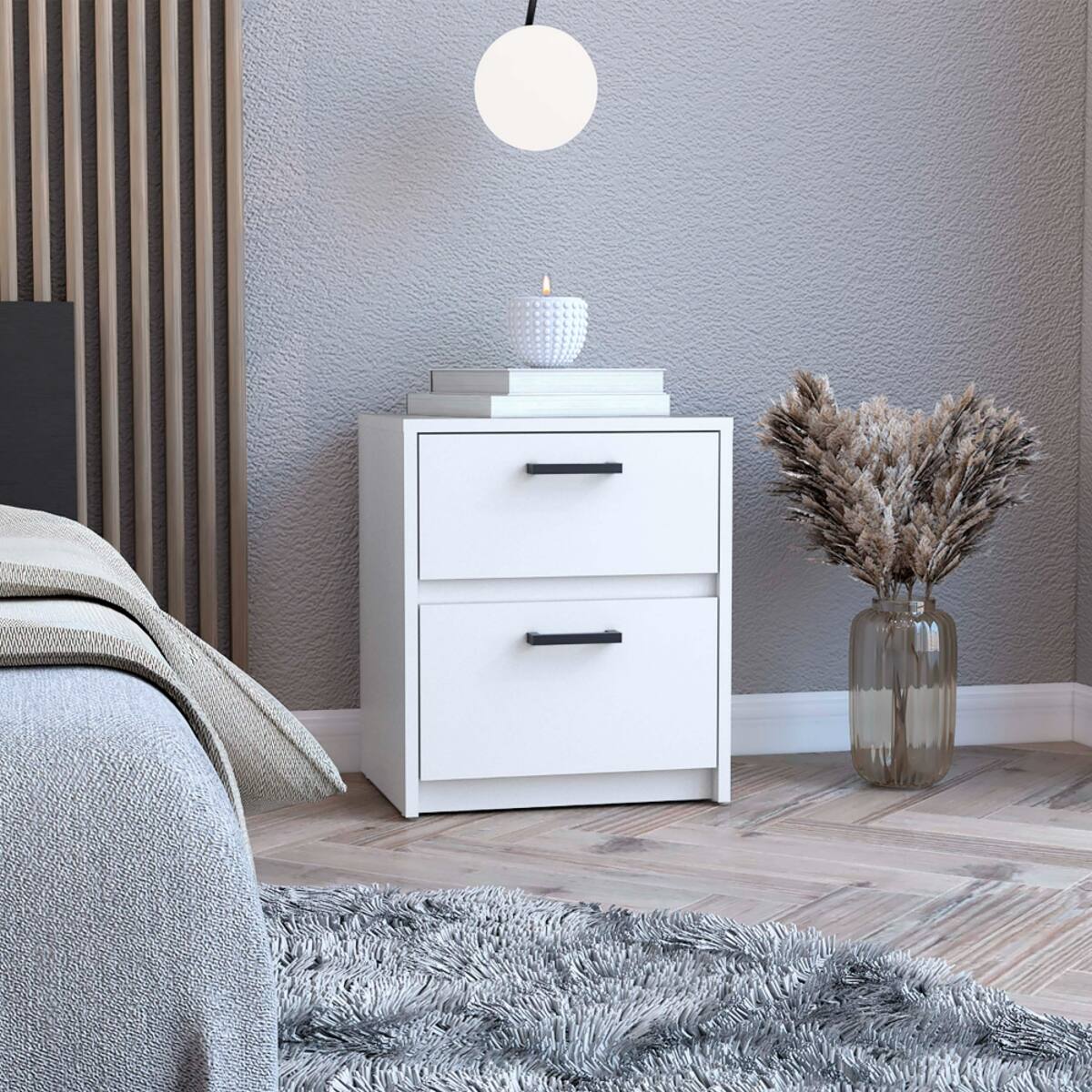 Front. Loheer - Loheer Modern White Nightstand with 2 Drawers, Compact Bedside Table with Black Metal Handles - White.