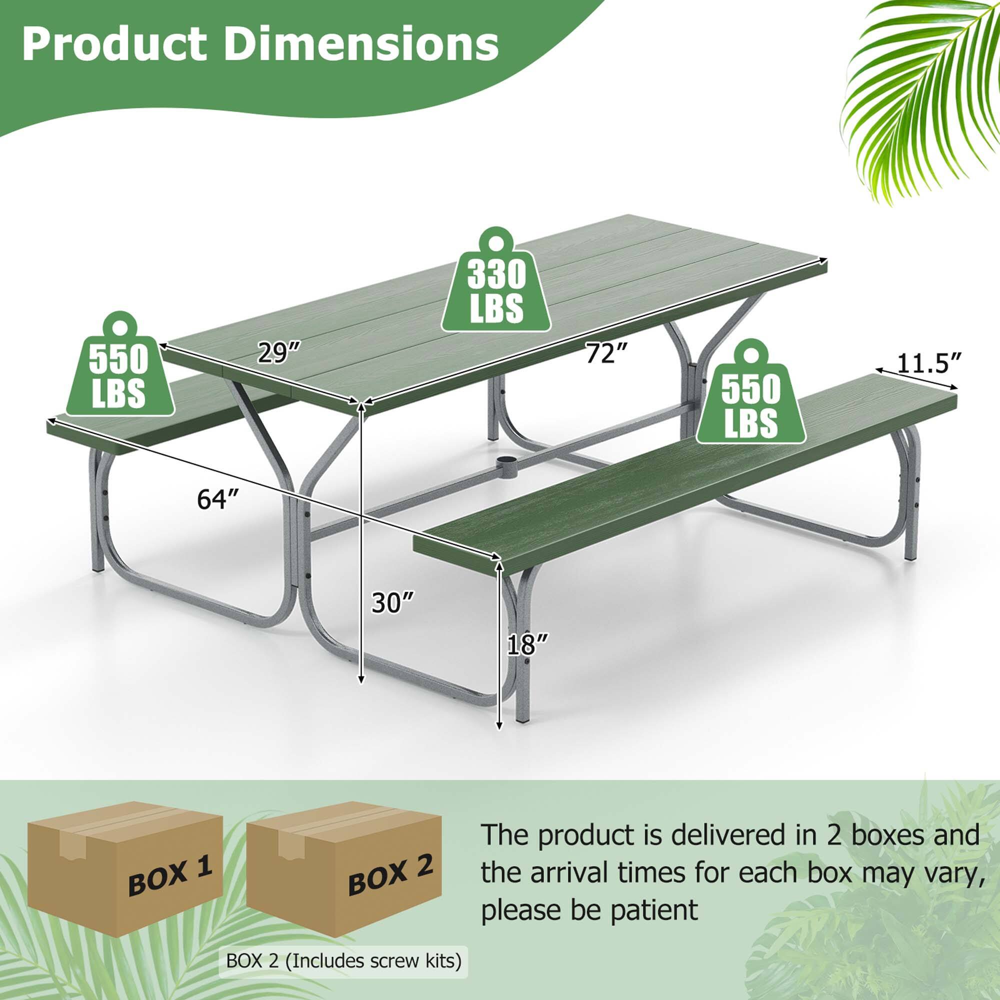 Costway 6 FT Picnic Table Bench Set Outdoor Dining Table & 2 Benches ...