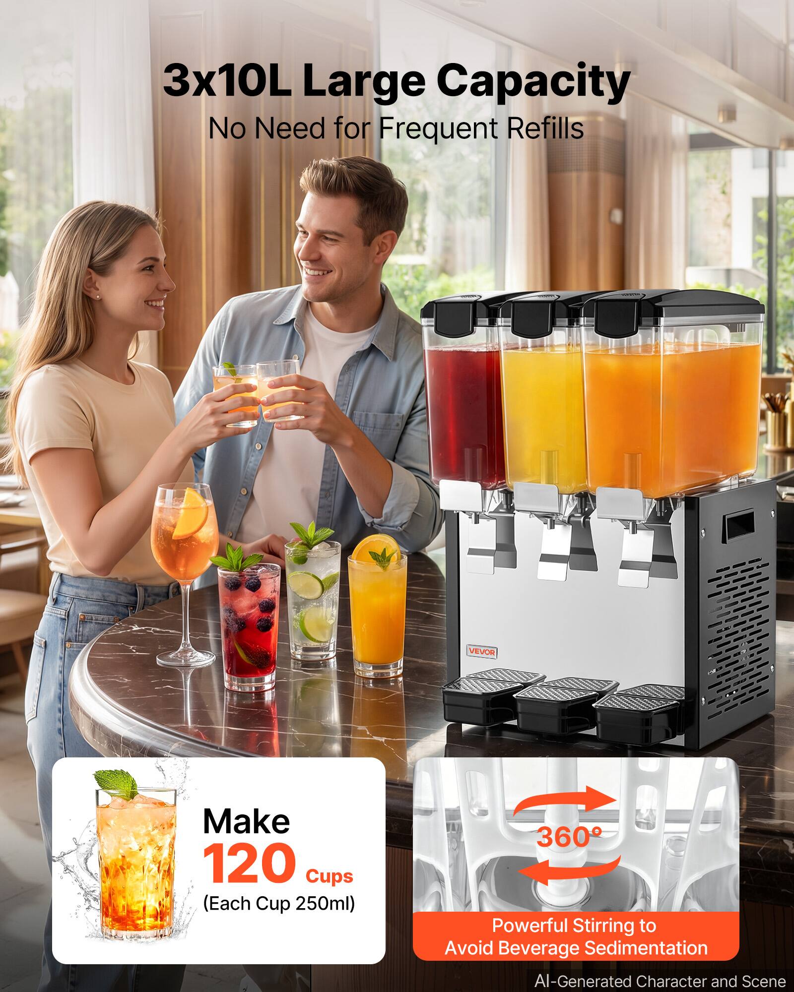 3x10L Large Capacity No Need for Frequent Refills

VEVOR

Make 120 Cups (Each Cup 250ml)

360° Powerful Stirring to Avoid Beverage Sedimentation

AI-Generated Character and Scene