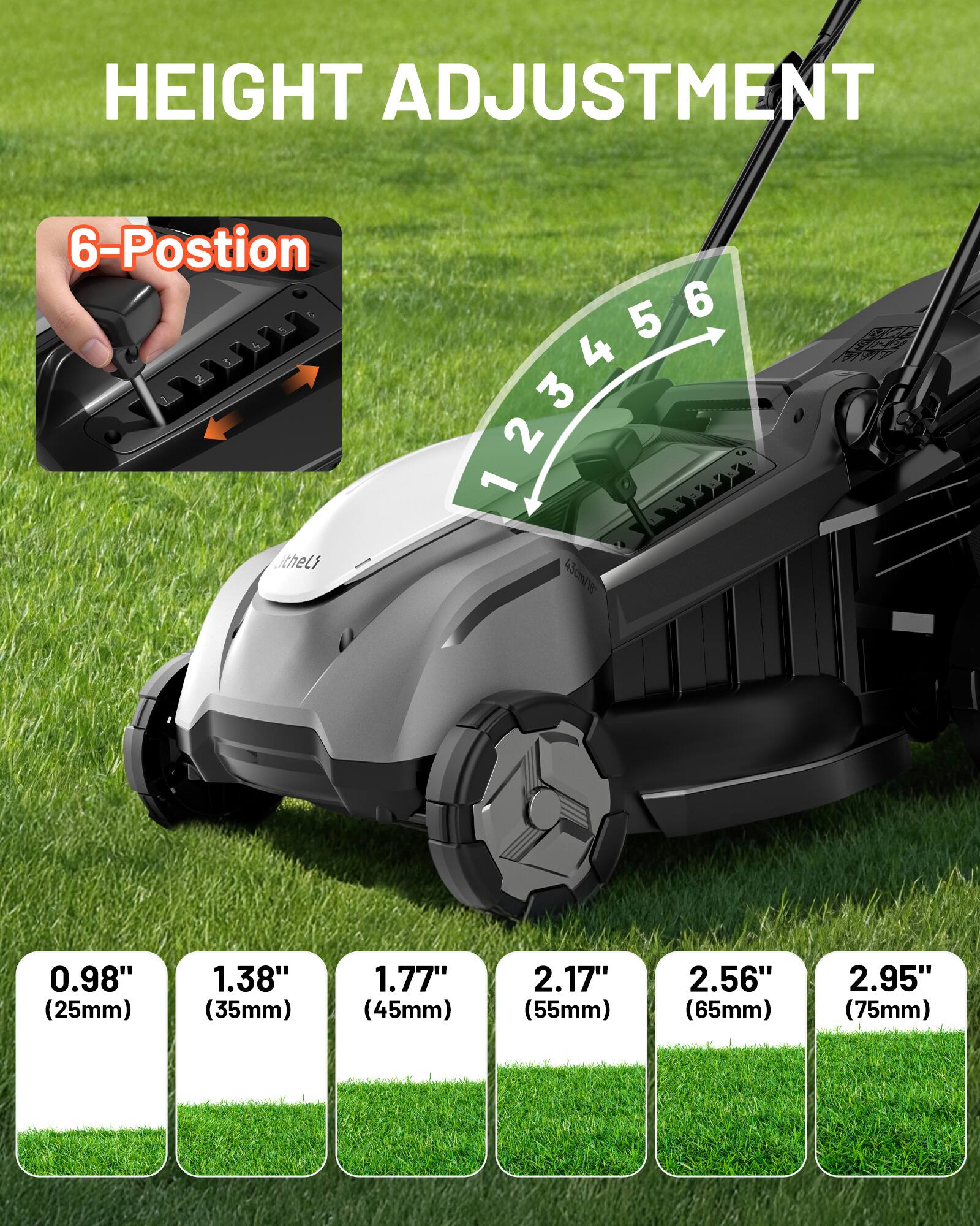 HEIGHT ADJUSTMENT  
6-Position  

0.98" (25mm)  
1.38" (35mm)  
1.77" (45mm)  
2.17" (55mm)  
2.56" (65mm)  
2.95" (75mm)