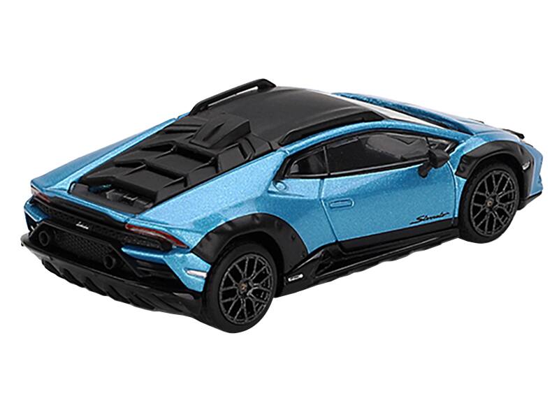 Left. Mini GT - Lamborghini Huracan Sterrato Blu Aegir Blue Metallic with Black Top Limited Edition 1/64 Diecast Model Car by Mini GT - Blue Metallic with Black.