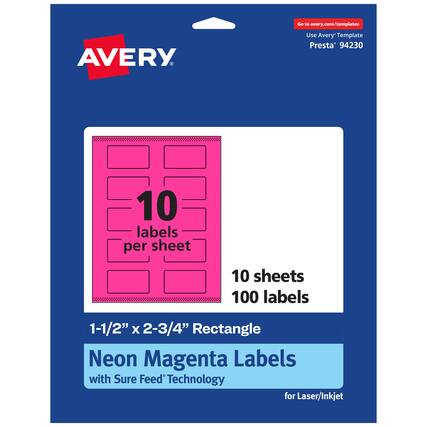 Go to avery.com/templates
AVERY
Use Avery Template Presta® 94230
10 labels per sheet
10 sheets
100 labels
1-1/2" x 2-3/4" Rectangle
Neon Magenta Labels with Sure Feed Technology for Laser/Inkjet