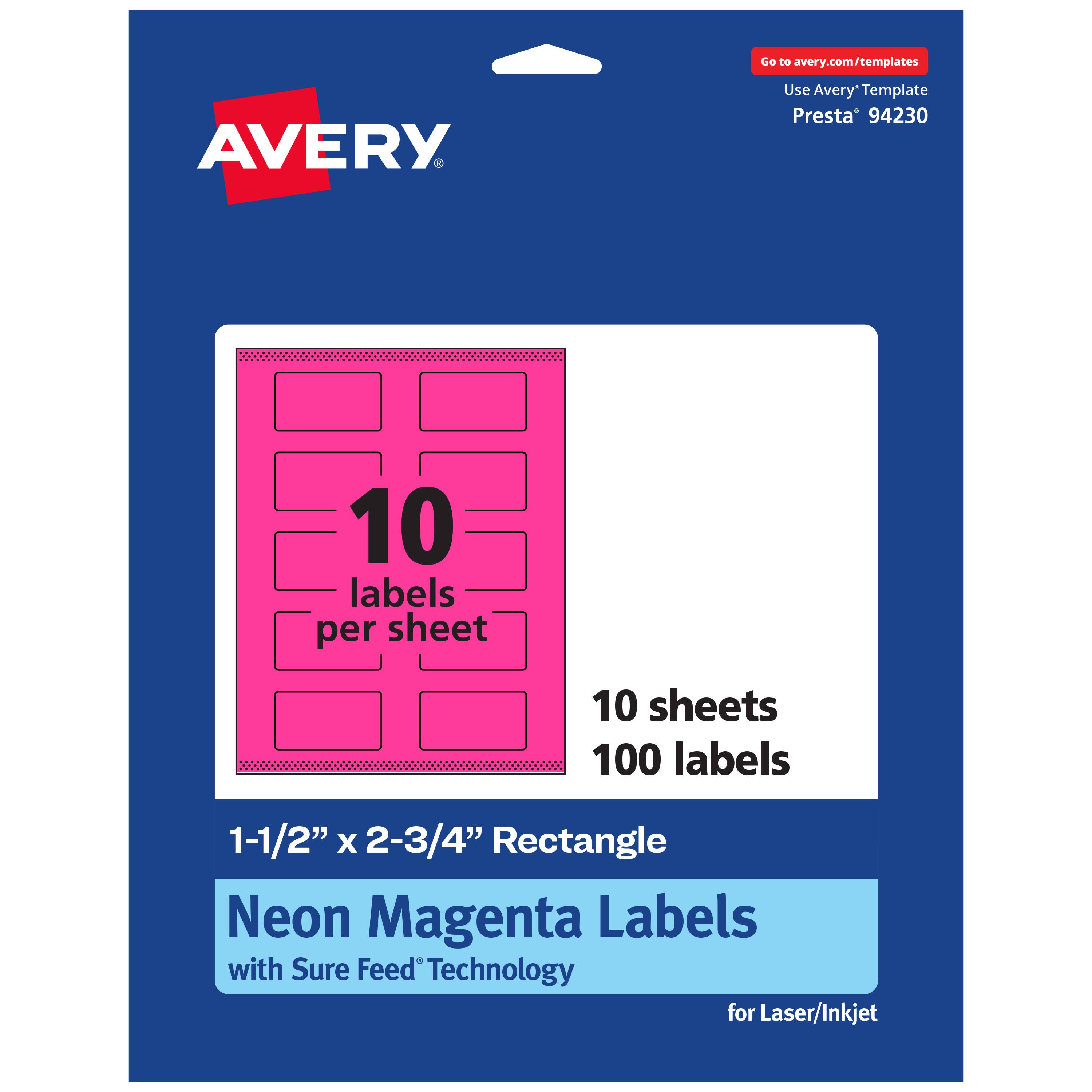 Go to avery.com/templates  
AVERY  
Use Avery Template Presta® 94230  
10 labels per sheet  
10 sheets  
100 labels  
1-1/2" x 2-3/4" Rectangle  
Neon Magenta Labels with Sure Feed Technology for Laser/Inkjet