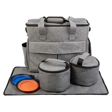 Front. PetMaker - Dog Travel Bag with Mat, Food Containers, and Dog Bowls - Gray.