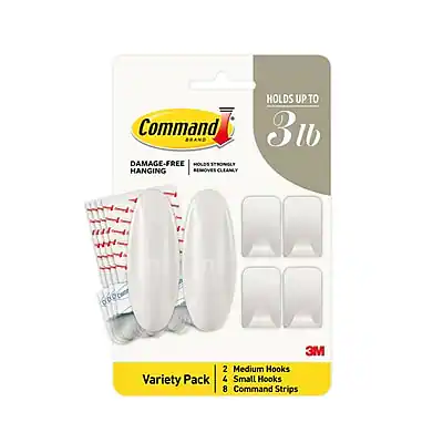 Command Brand
DAMAGE-FREE
HOLDS STRONGLY
HANGING
REMOVES CLEANLY
HOLDS UP TO 3 lb
Variety Pack
2 Medium Hooks
4 Small Hooks
8 Command Strips
3M