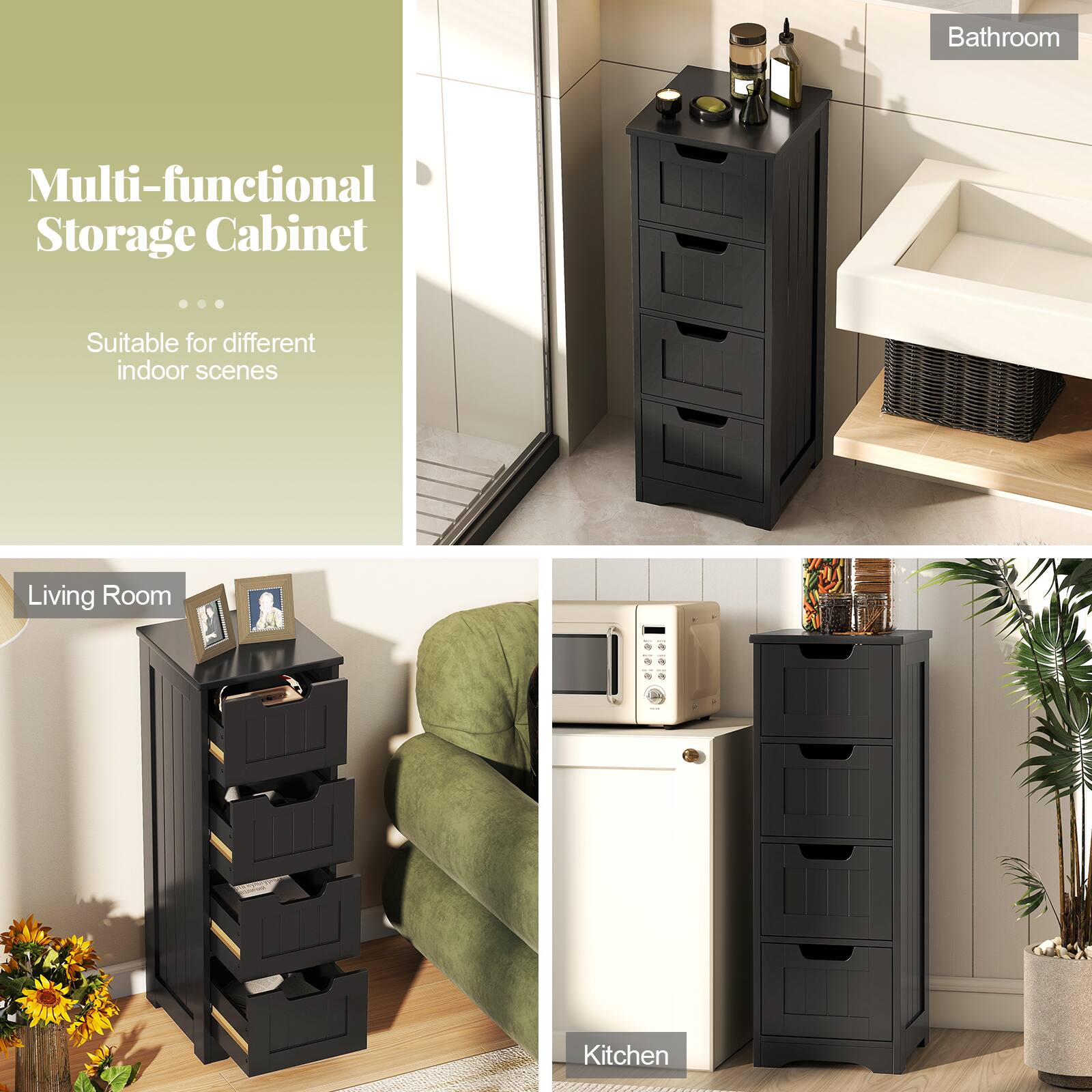 Multi-functional Storage Cabinet  
Suitable for different indoor scenes  

Bathroom  
Living Room  
Kitchen