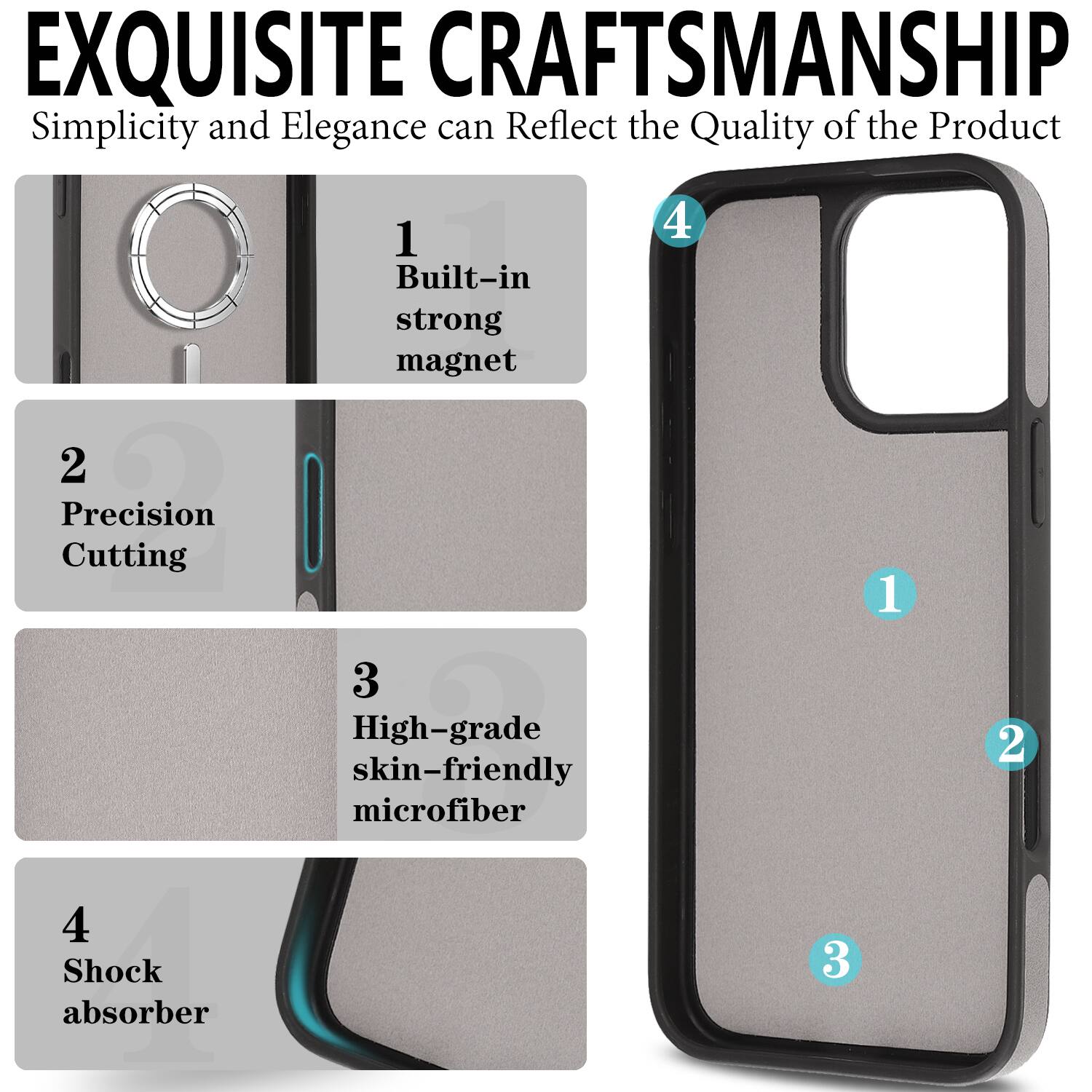 EXQUISITE CRAFTSMANSHIP  
Simplicity and Elegance can Reflect the Quality of the Product  

1. Built-in strong magnet  
2. Precision Cutting  
3. High-grade skin-friendly microfiber  
4. Shock absorber