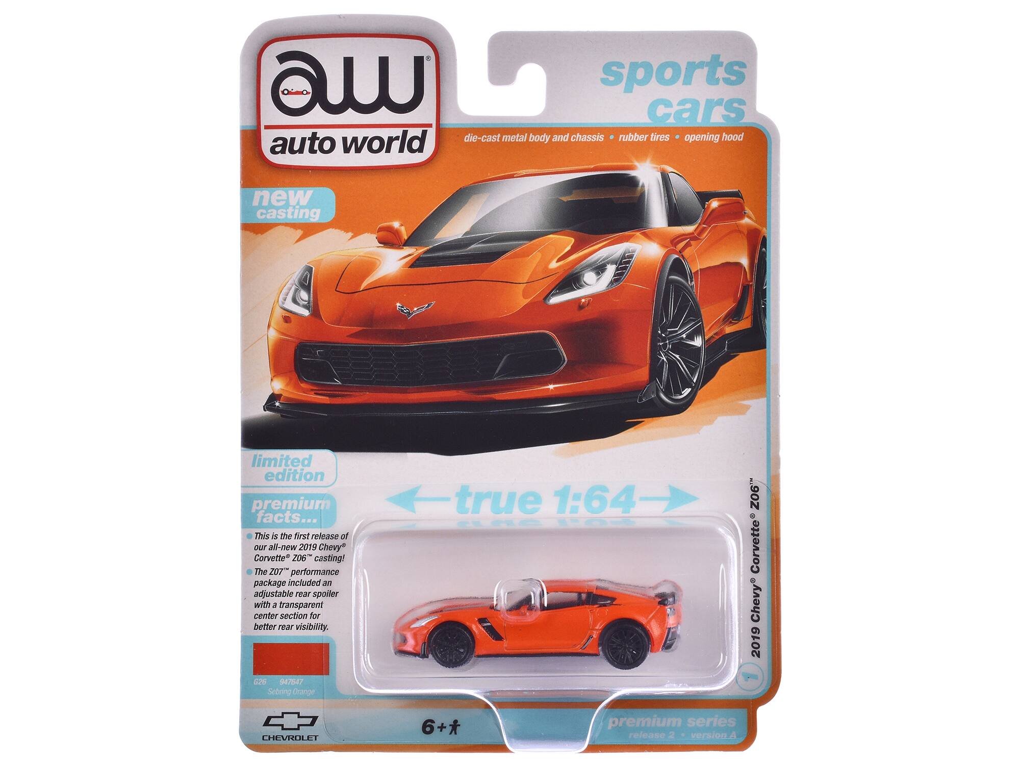 A sports car die-cast metal body and chassis, rubber tires, opening hood. Auto World new casting limited edition premium facts... This is the first release of our all-new 2019 Chevy Corvette Z06 casting! The Z06 performance package included an adjustable rear spoiler with a transparent center section for better rear visibility. 526 047647 Sebring Orange true 1:64 ZO6 a Corvette Chevy 2019 CHEVROLET 6+* premium series release 2 version.