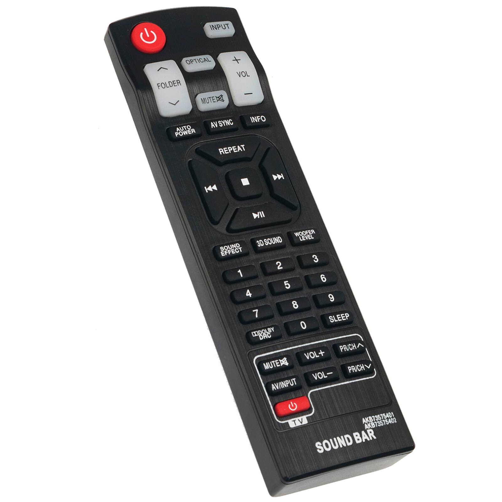 INPUT OPTICAL FOLDER MUTE + VOL : AUTO POWER SYNC INFO AV REPEAT 144 M WIll WOOFER SOUND LEVEL SOUND 3D EFFECT 3 2 1 6 5 4 9 8 7 SLEEP 0 IDOLBY DRC PRICH VOL+ MUTEX PR/CH VOL AV/INPUT TV AK873575401 AKB73575402 SOUND BAR