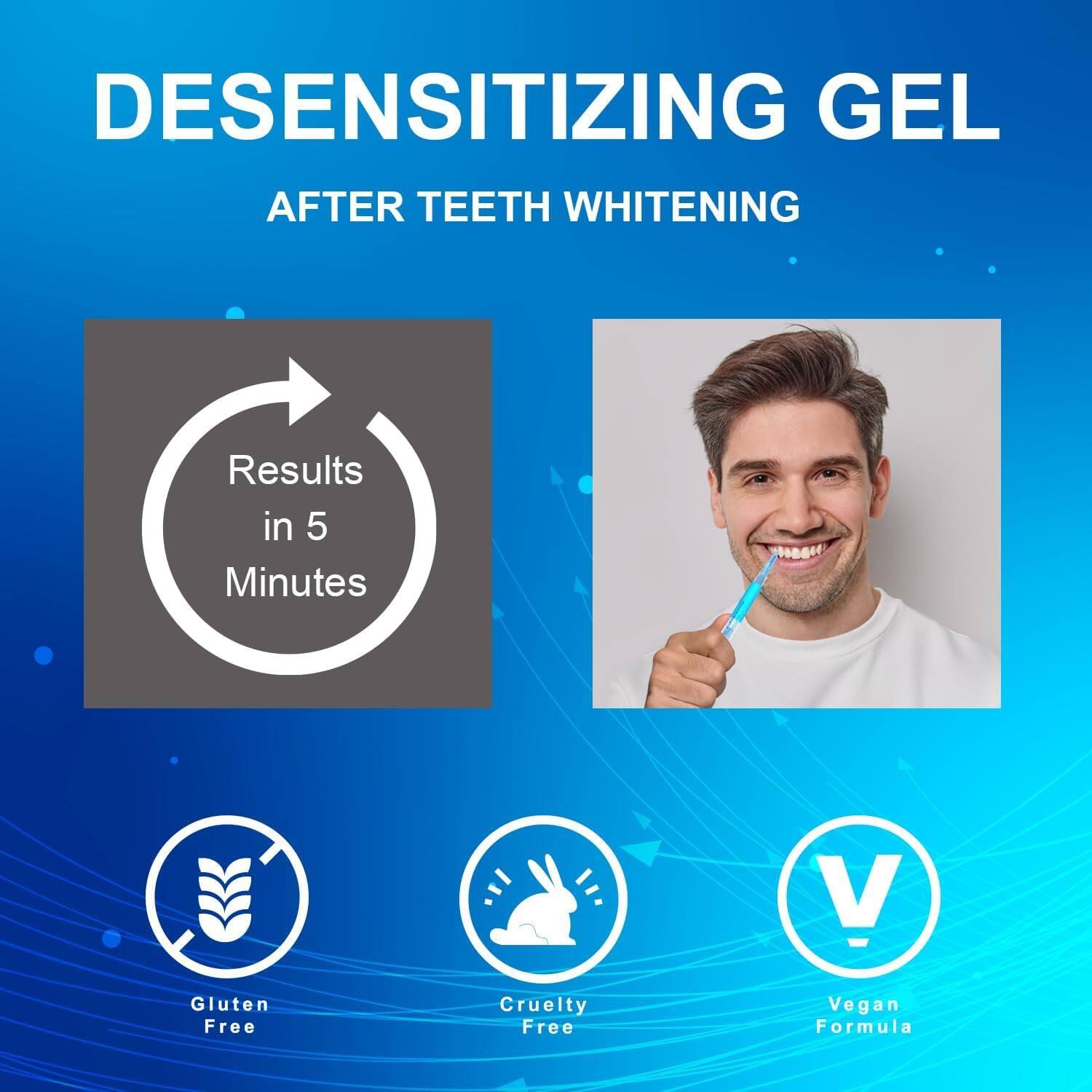 DESENSITIZING GEL AFTER TEETH WHITENING
Results in 5 Minutes
Gluten Free
Cruelty Free
Vegan Formula