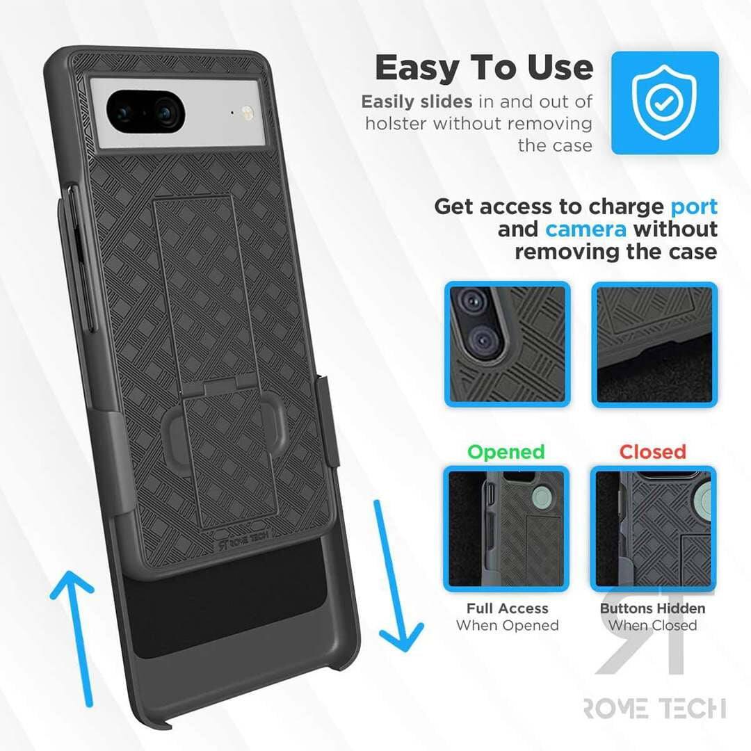 Easy To Use  
Easily slides in and out of holster without removing the case  

Get access to charge port and camera without removing the case  

Opened  
Full Access  
Buttons Hidden When Opened  

Closed  
Buttons Hidden When Closed  

ROME TECH