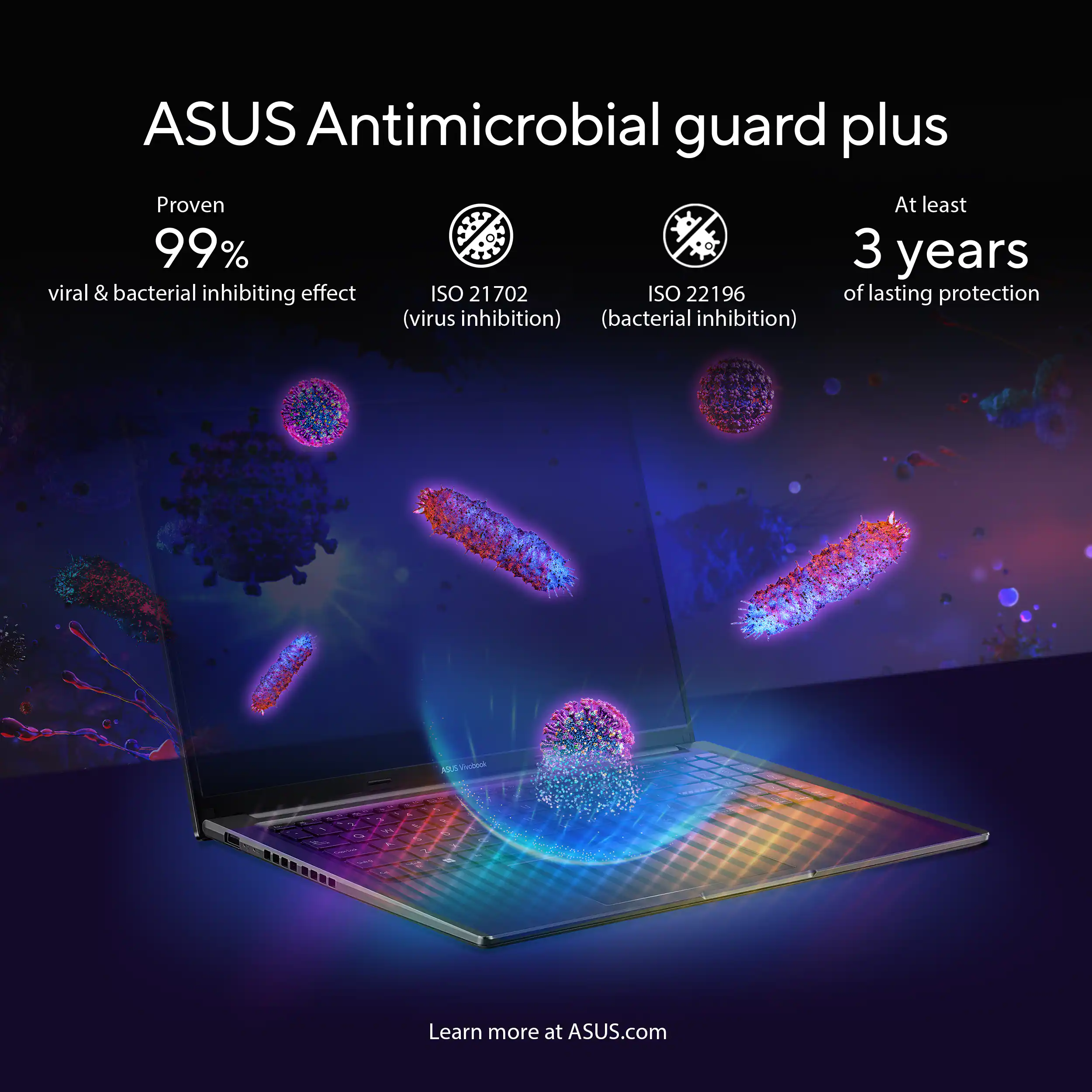ASUS Antimicrobial guard plus

Proven 99% viral & bacterial inhibiting effect  
ISO 21702 (virus inhibition)  
ISO 22196 (bacterial inhibition)  
At least 3 years of lasting protection

Learn more at ASUS.com