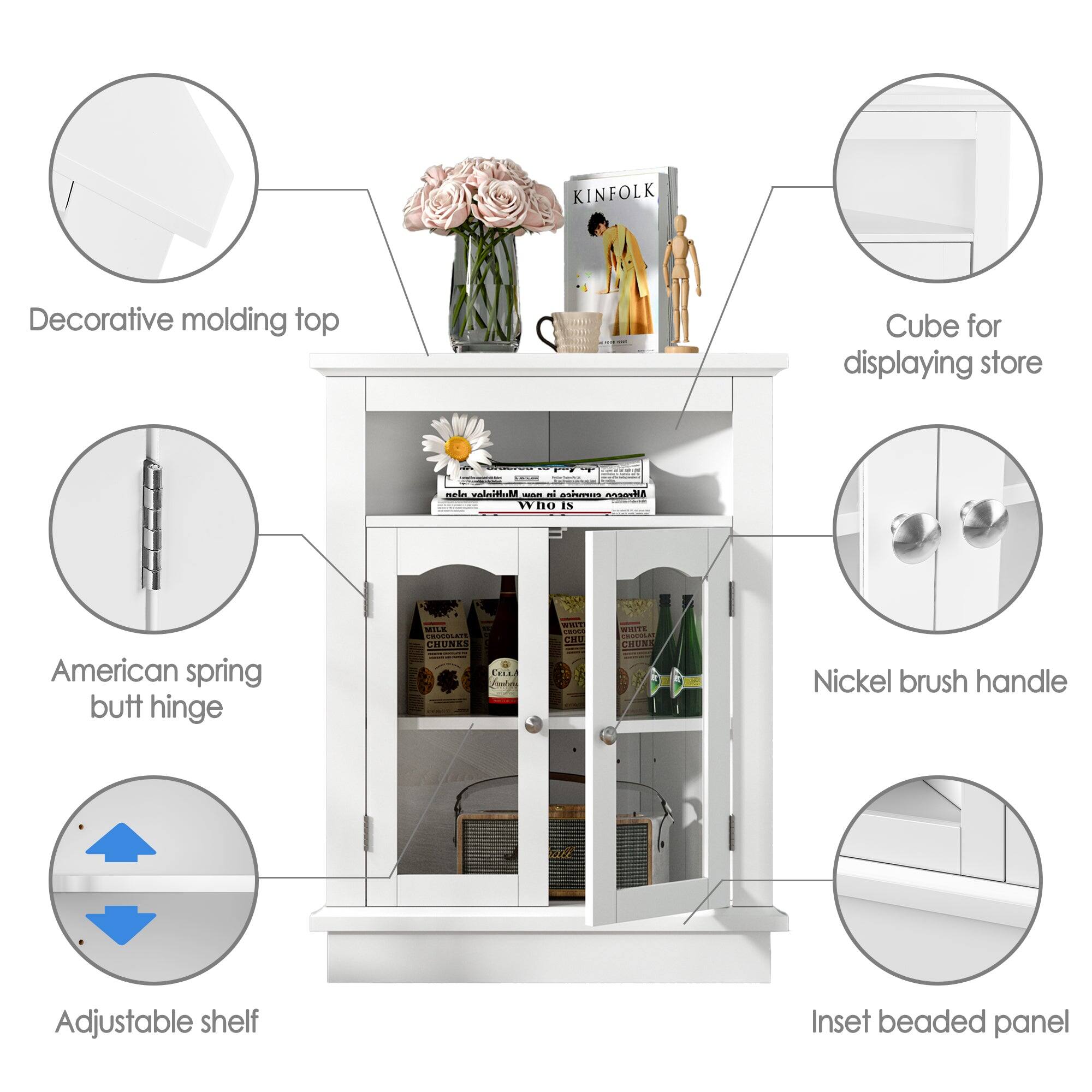 - Decorative molding top
- Cube for displaying store
- American spring butt hinge
- Nickel brush handle
- Adjustable shelf
- Inset beaded panel