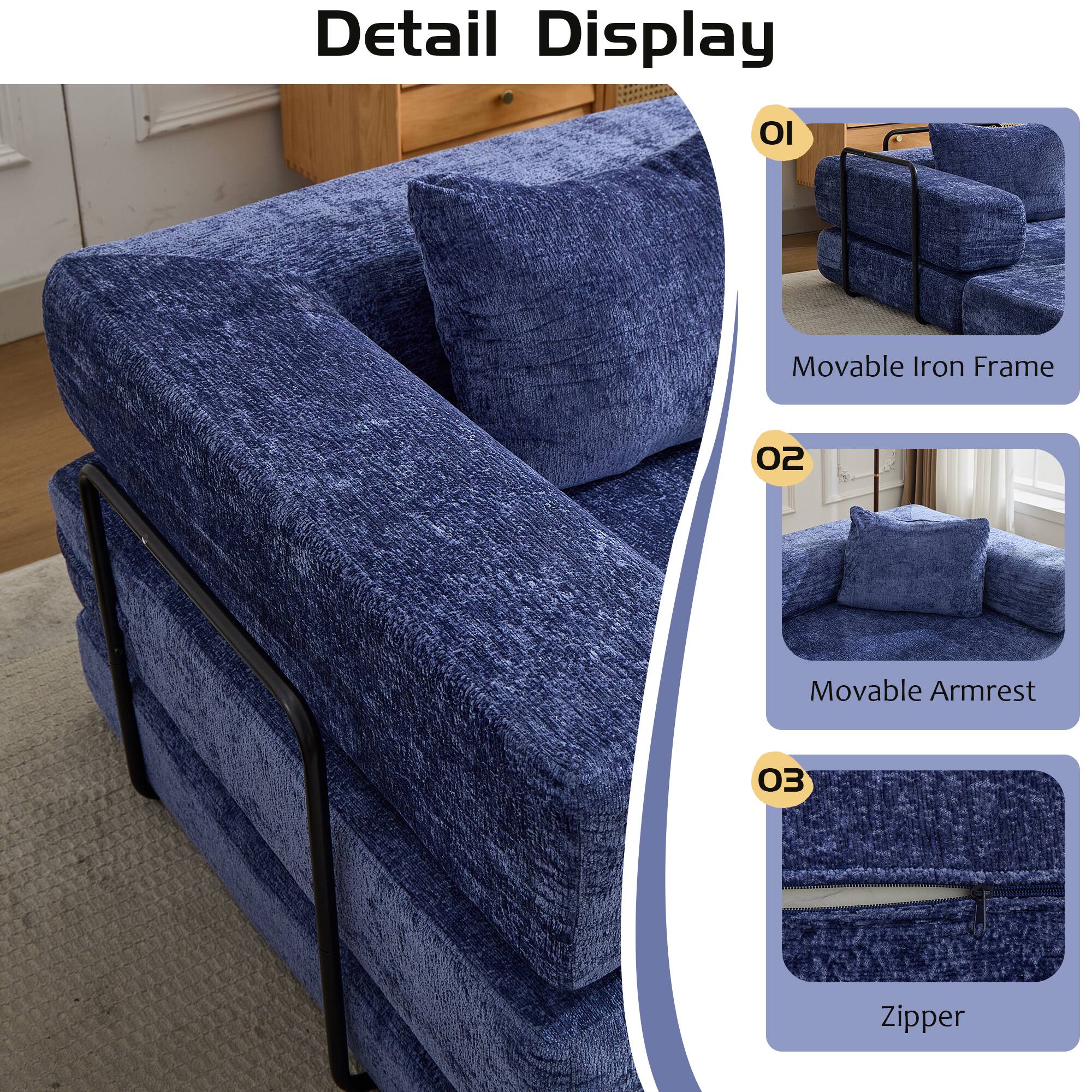 Detail Display

01 Movable Iron Frame

02 Movable Armrest

03 Zipper