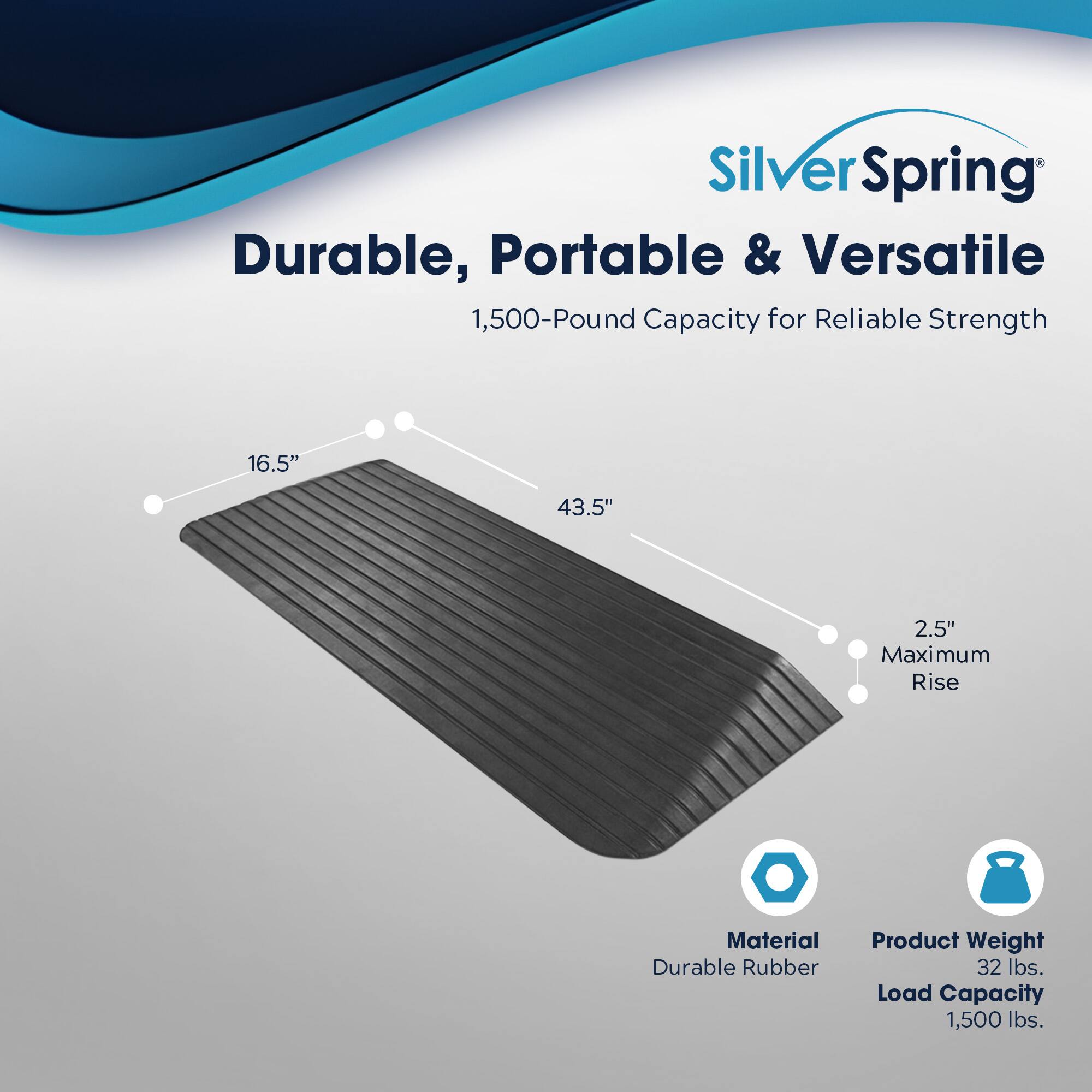 Silver Spring  
Durable, Portable & Versatile  
1,500-Pound Capacity for Reliable Strength  

16.5" x 43.5" x 2.5" Maximum Rise  

Material: Durable Rubber  
Product Weight: 32 lbs.  
Load Capacity: 1,500 lbs.
