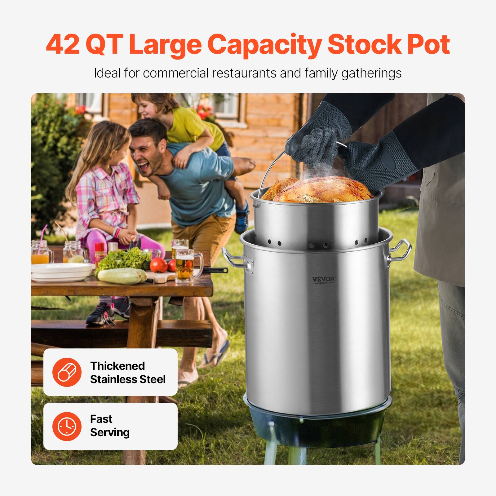 42 QT Large Capacity Stock Pot  
Ideal for commercial restaurants and family gatherings  

Thickened Stainless Steel  
Fast Serving