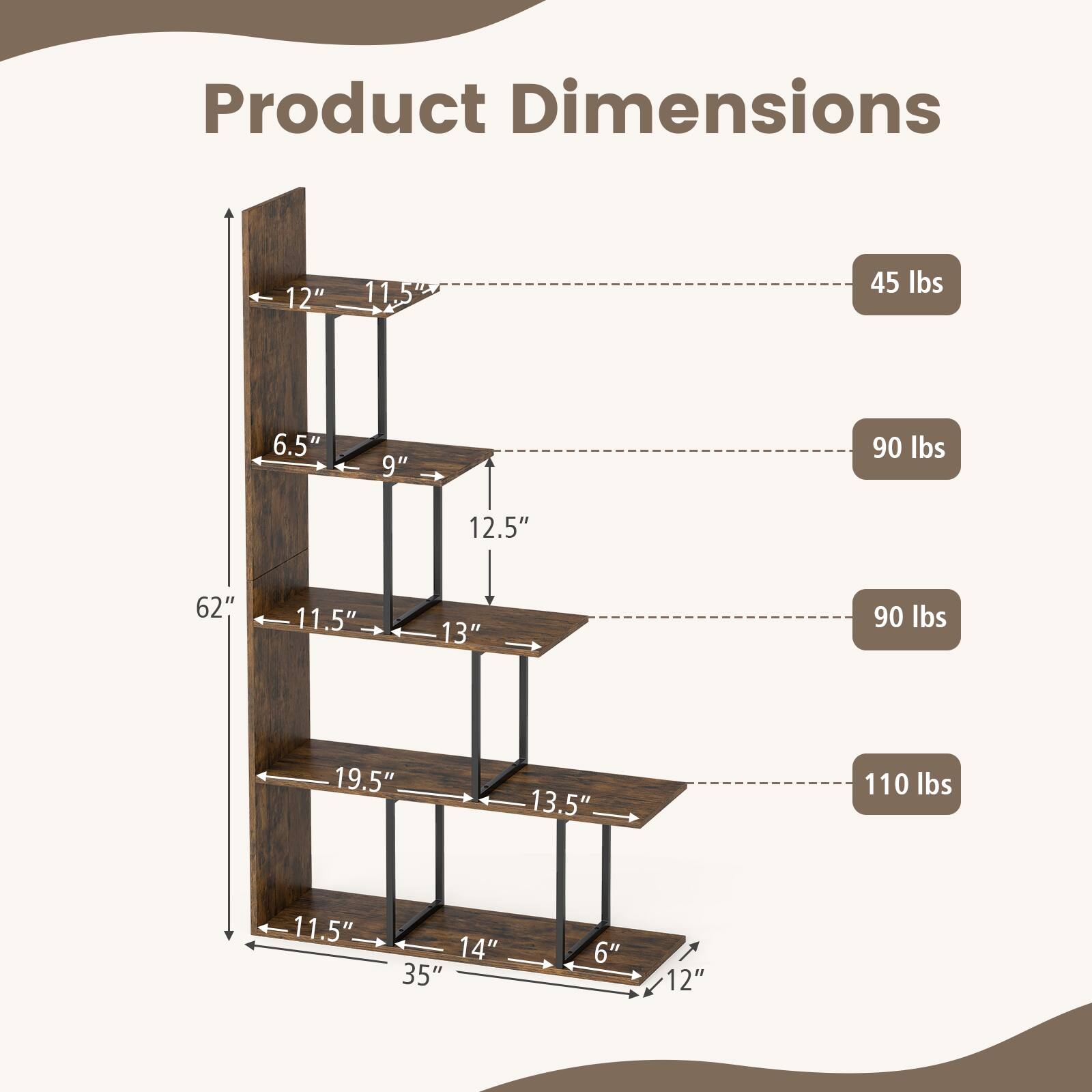 Product Dimensions: 12" x 11.5" x 6.5" (45 lbs), 9" x 12.5" (90 lbs), 11.5" x 13" (90 lbs), 19.5" x 13.5" (110 lbs), 11.5" x 14" x 35" (6" x 12")