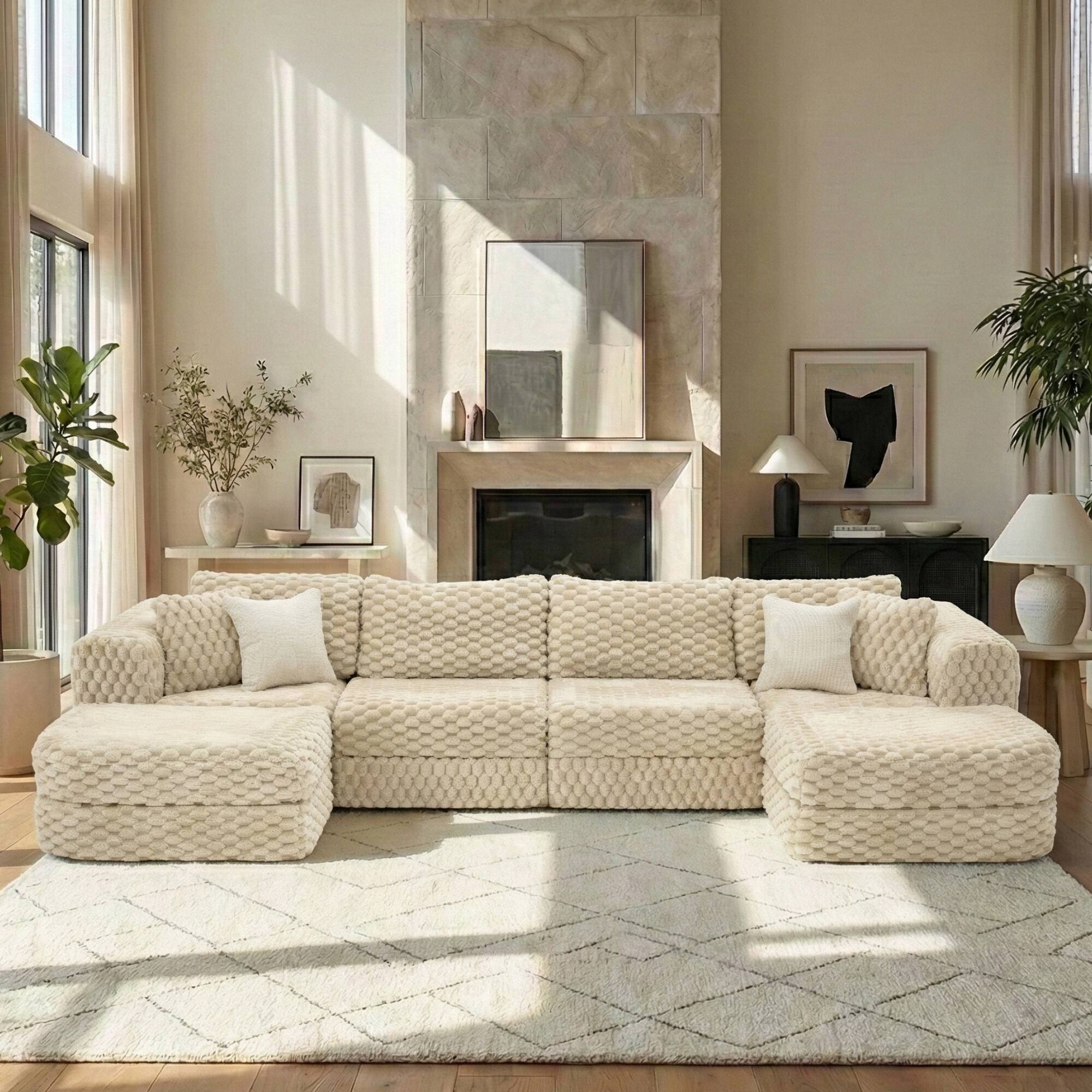 Angle. Whisen - Modular Boneless Sectional Sofa with Two Movable Ottomans for Living Room - Coffee.